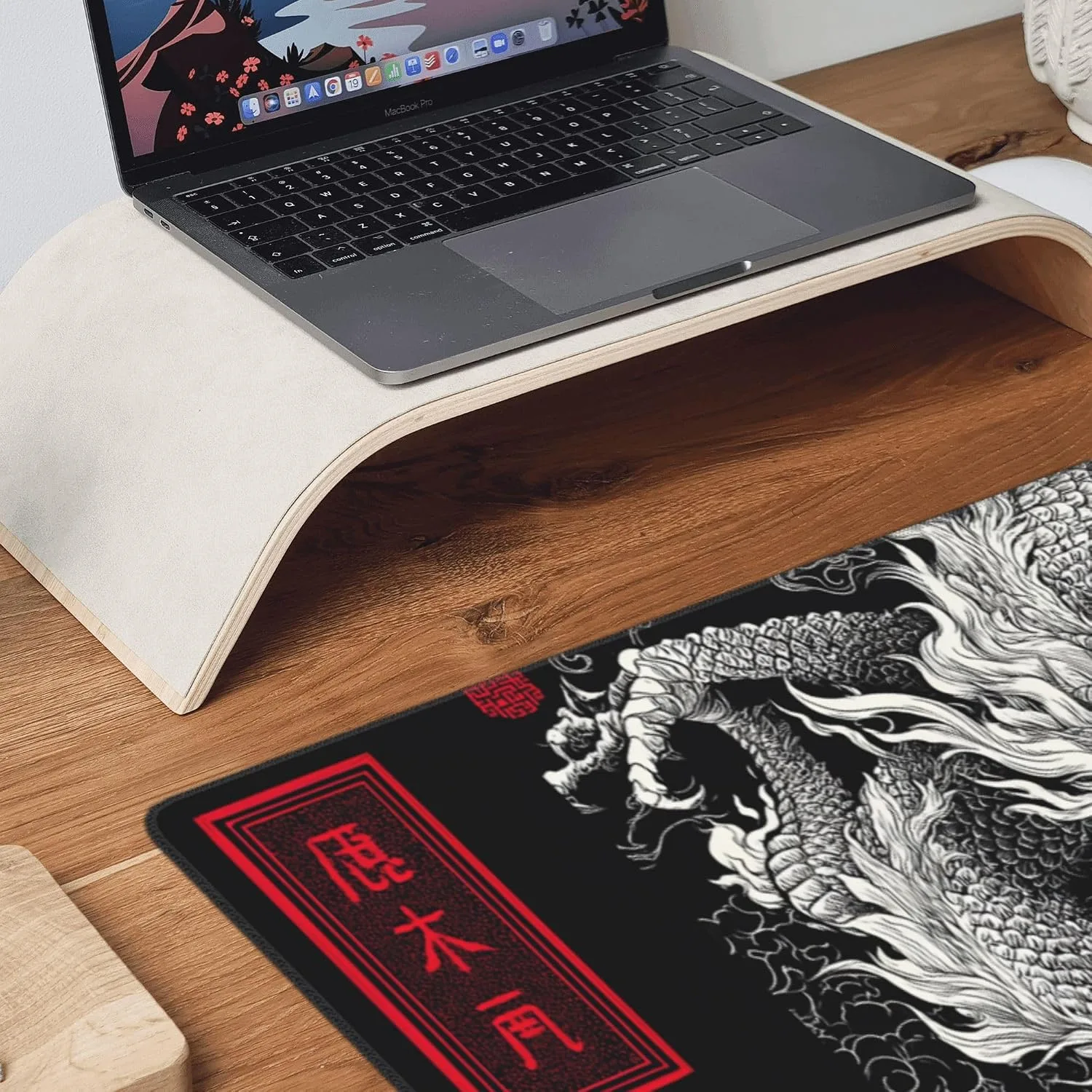 Large Gaming Mouse Pad with Dragon Design, Non-Slip, 35.4" x 15.7", Black and Red Japanese Style Desk Mat