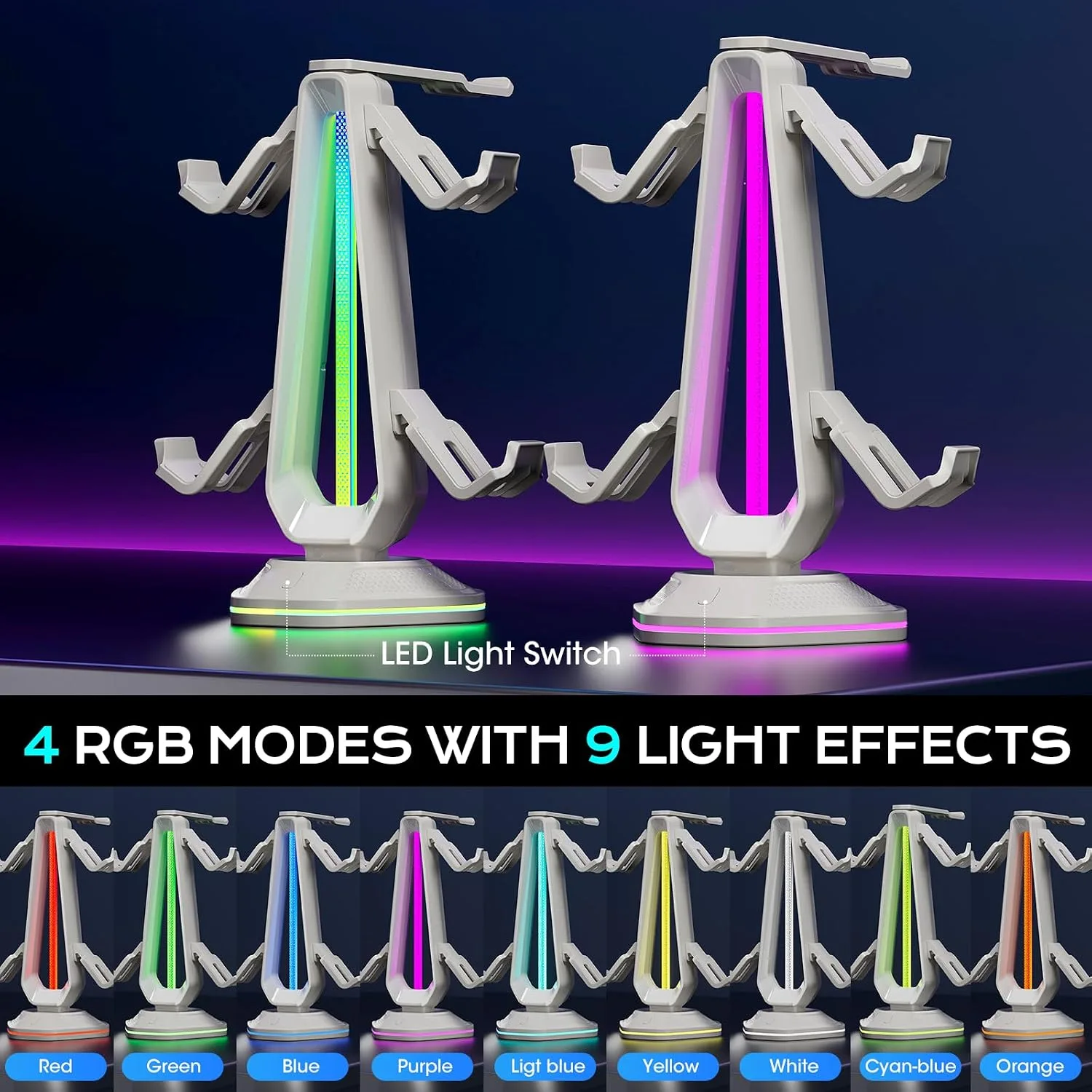 Saitake RGB Controller Stand with 9 Light Modes,Controller Holder with 2 USB Ports,Headphone Holder Suitable for All Headphones and Controller (White)