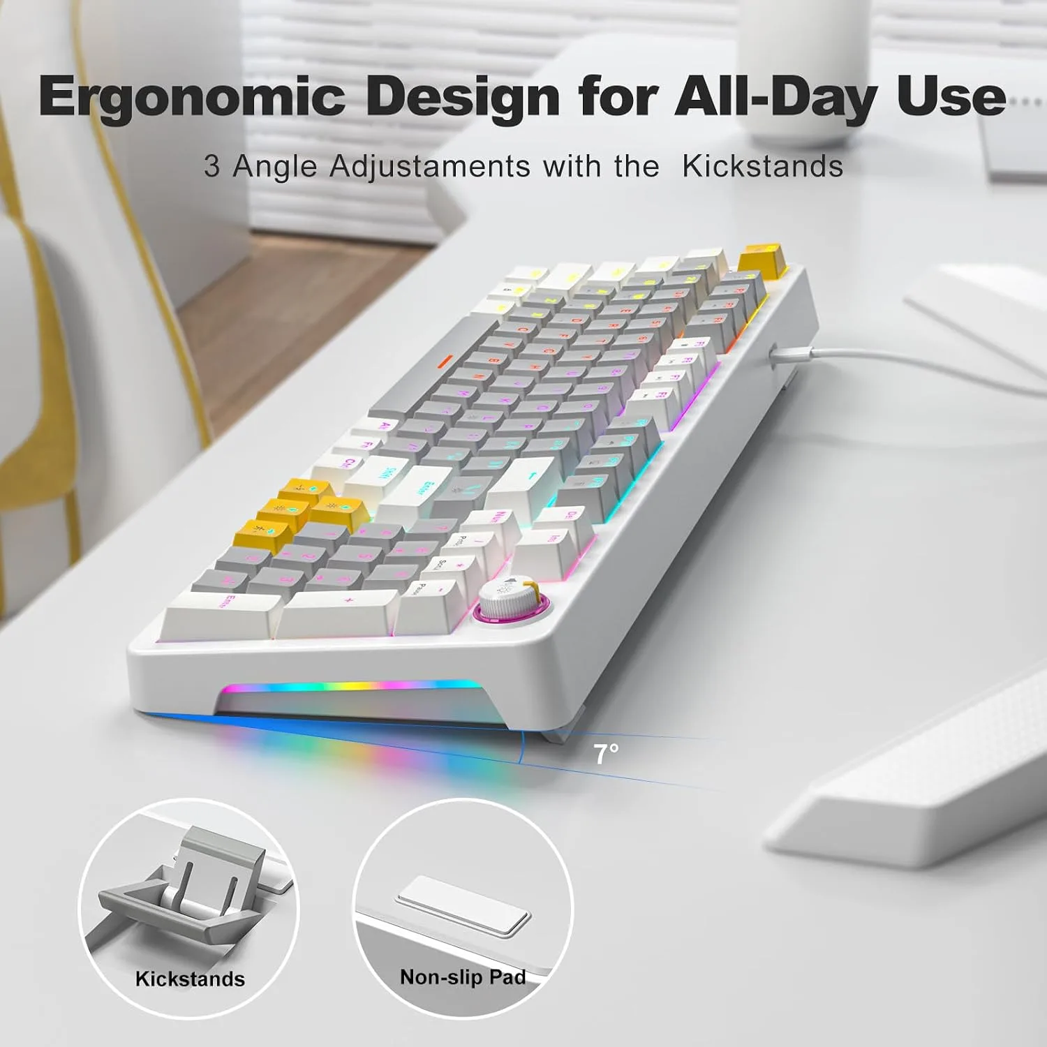 MOFII AK96 Mechanical Gaming Keyboard, Full Keys LED Backlit Programmable, Plug and Play USB A/C Wired Computer Custom Keyboard with Sound/Light Control Knob for Win/Mac - Gray & White