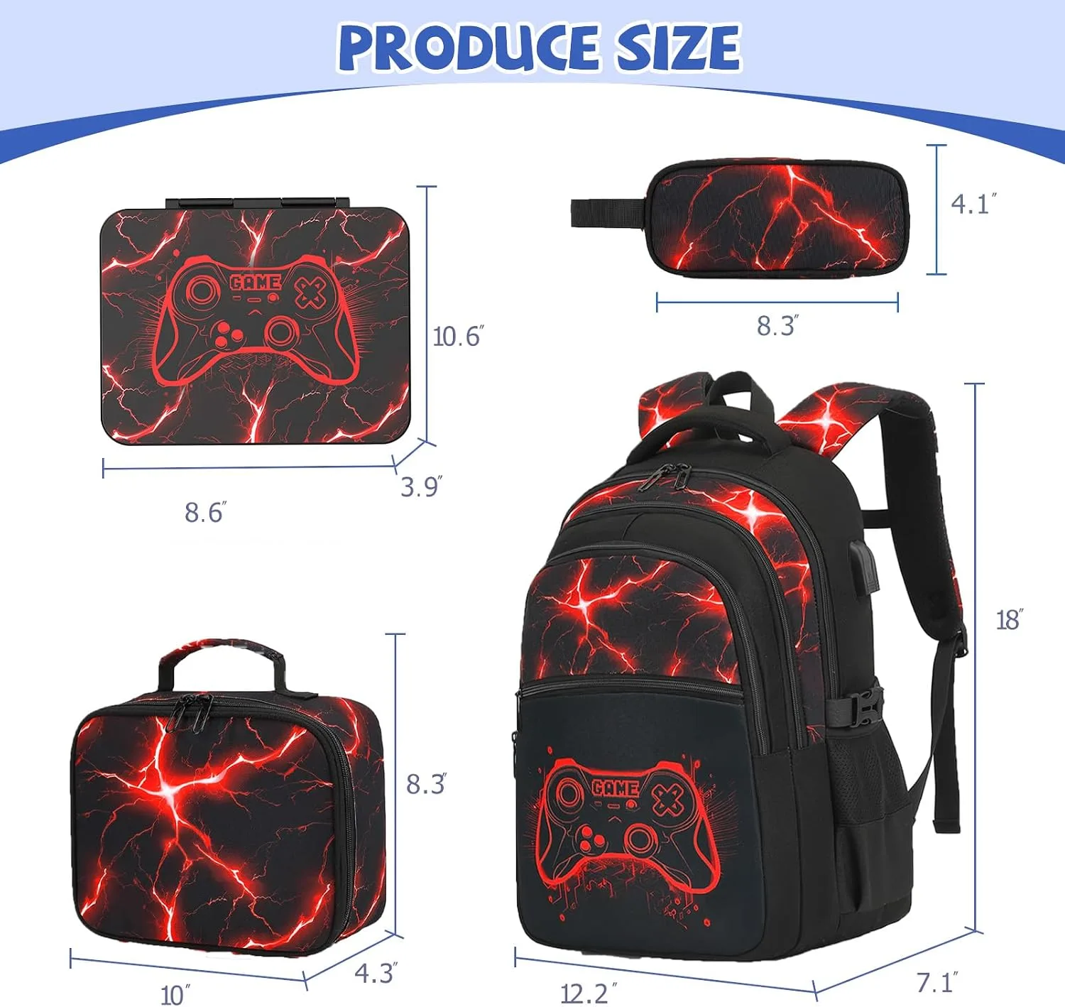 DIGOBAY Boys Backpack for School, 6PCS Cool Luminous Gamer Backpack for Boys with Kids Bento Box Lunch Bag Pencil Case, Kids Backpacks Bookbag for Teen Boys Elementary Middle High School