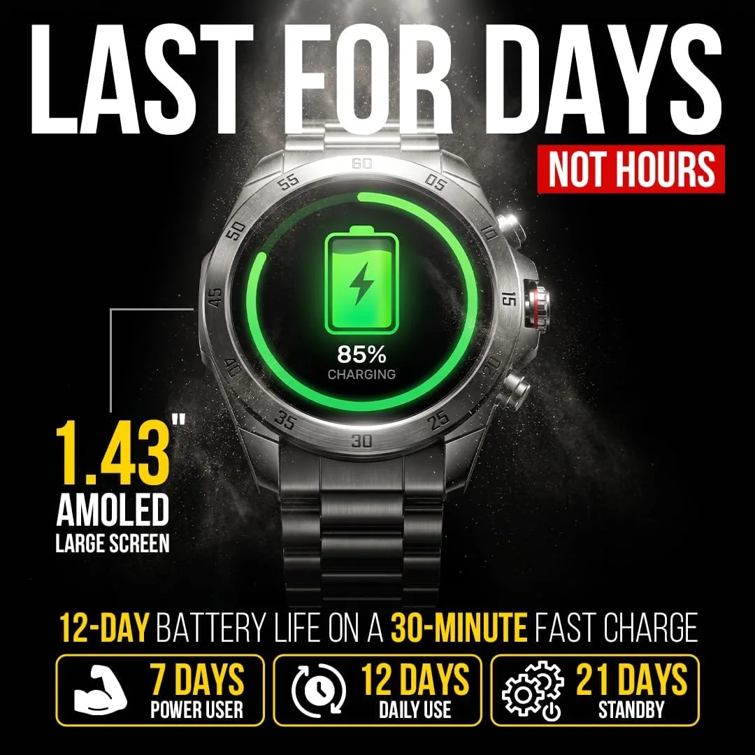 ALPHAGEAR Commander Smartwatch for Men, 1.43" AMOLED Large Screen, Full Metal Stainless Steel Smart Watch, 12-Day Battery, Bluetooth Calling, IP68 Water Resistant, for Android iPhone, Dark Gray