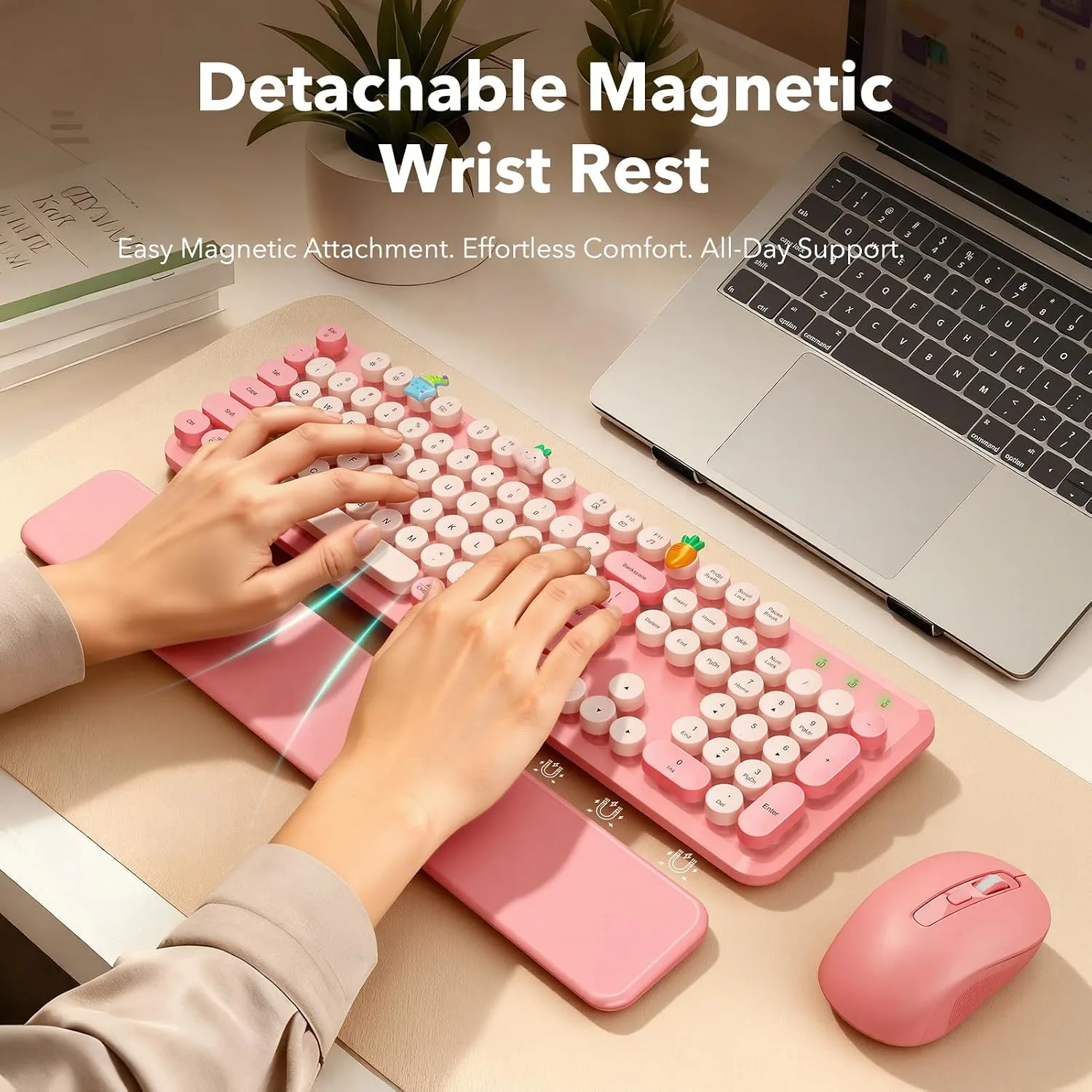 Wireless Keyboard and Mouse, Round Keycaps, Magnetic Wrist Rest, Baby Pink