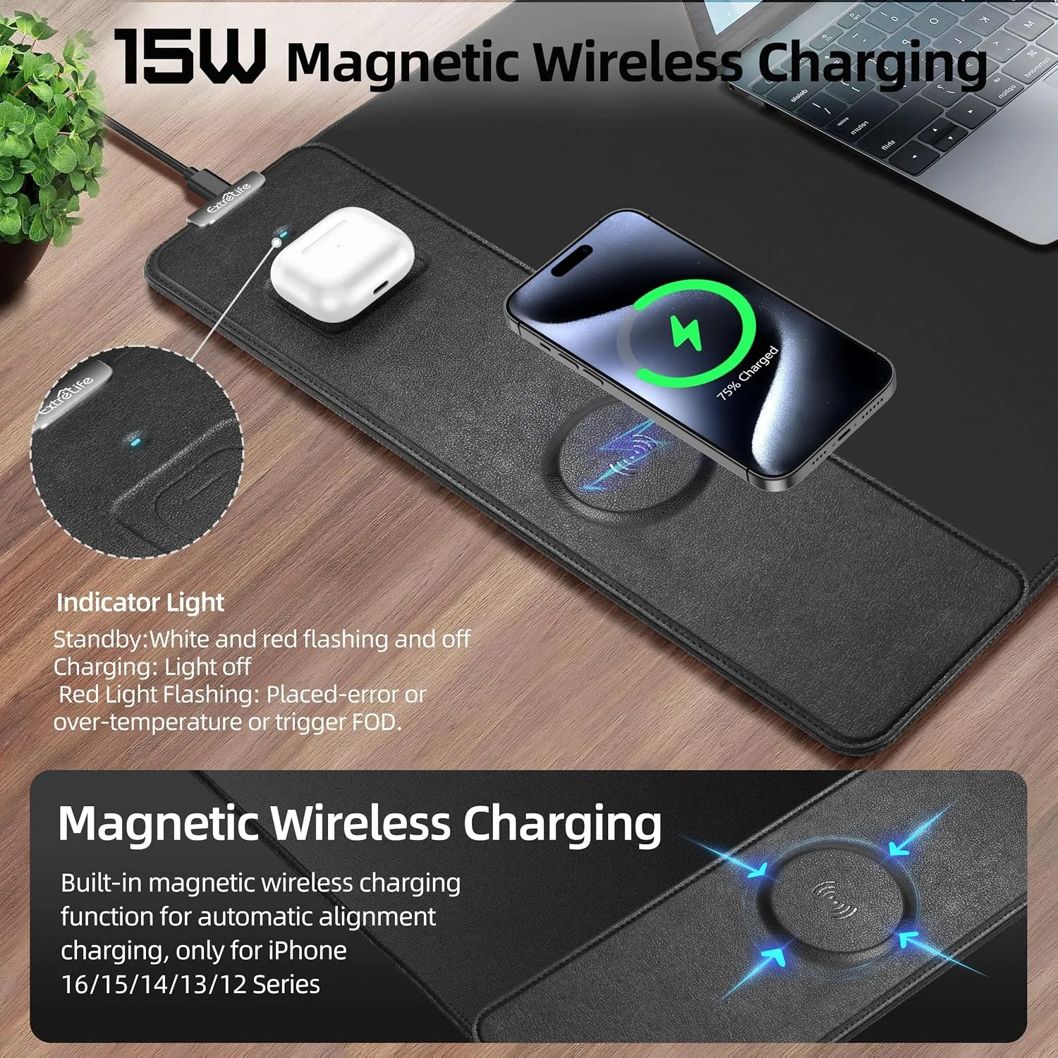 Mouse Pad with 15W Magnetic Wireless Charging, 35.4"x15.7" in