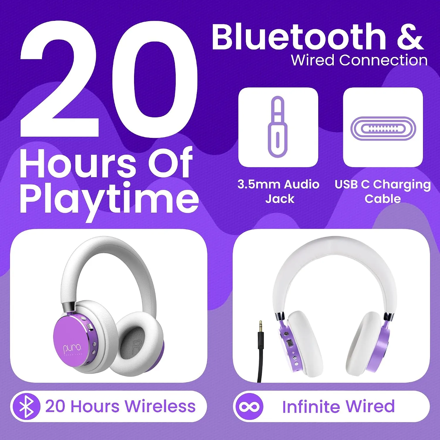 Puro Sound Labs - Kids Headphones, Volume-Limiting 85dB, BT2200 Plus,Purple