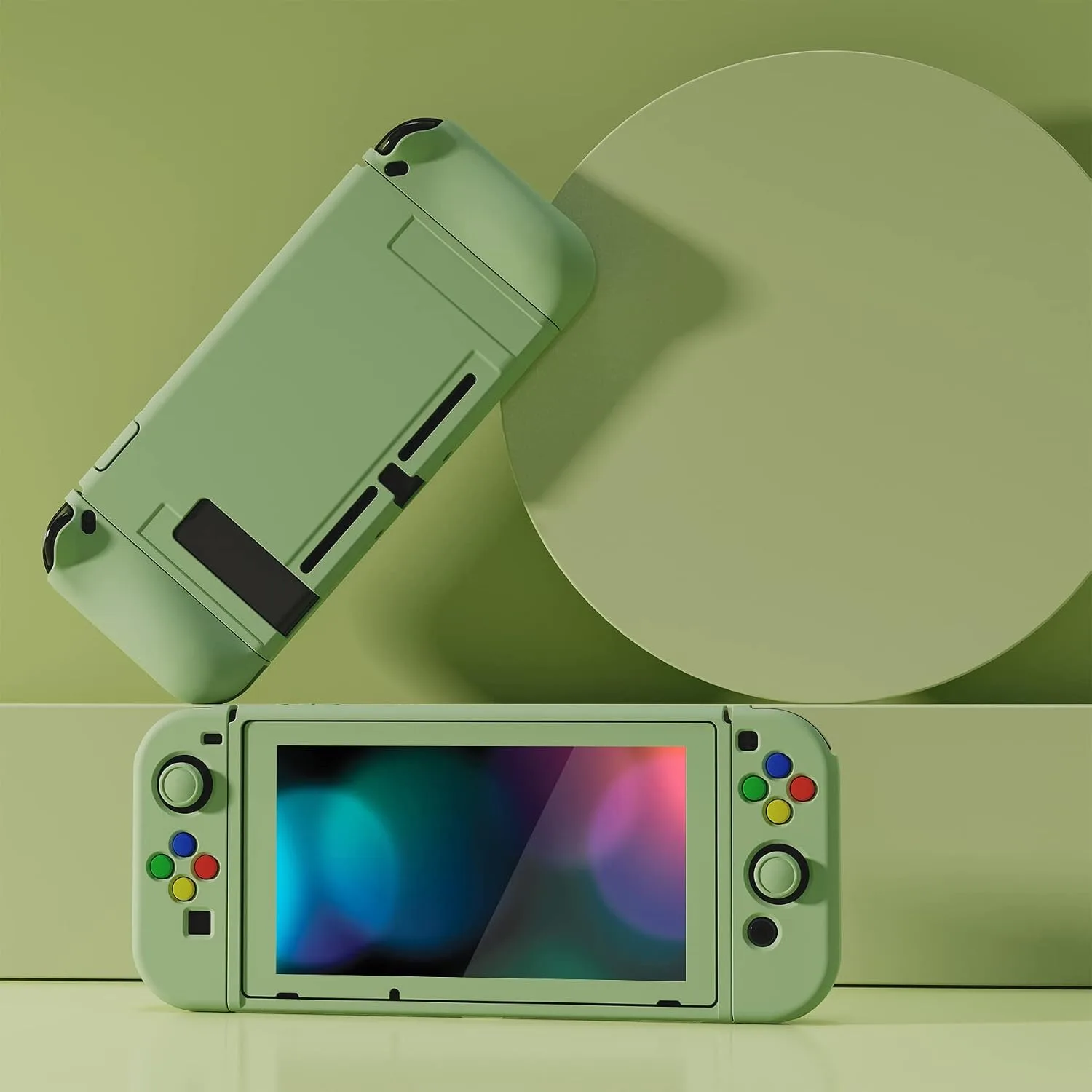 PlayVital ZealProtect Soft Protective Case for Nintendo Switch, Flexible Joycon Cover Slim Cover for Nintendo Switch with Screen Protector & Thumb Grip Caps & ABXY Direction Button Caps - Matcha Green