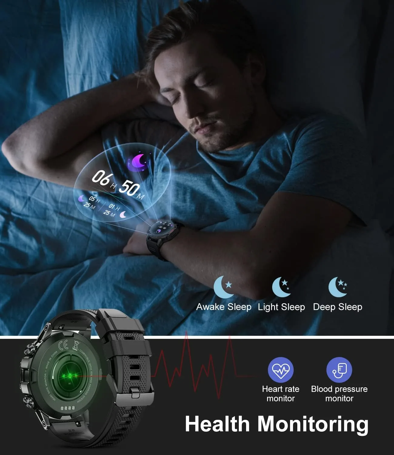 SUNKTA Smart Watch for Men Bluetooth Calls with,1.39''HD Touch Screen Tactical Smartwatch for Android and iPhone,5ATM Waterproof Fitness Watch with Blood Pressure/Heart Rate Monitor BlackSilicone