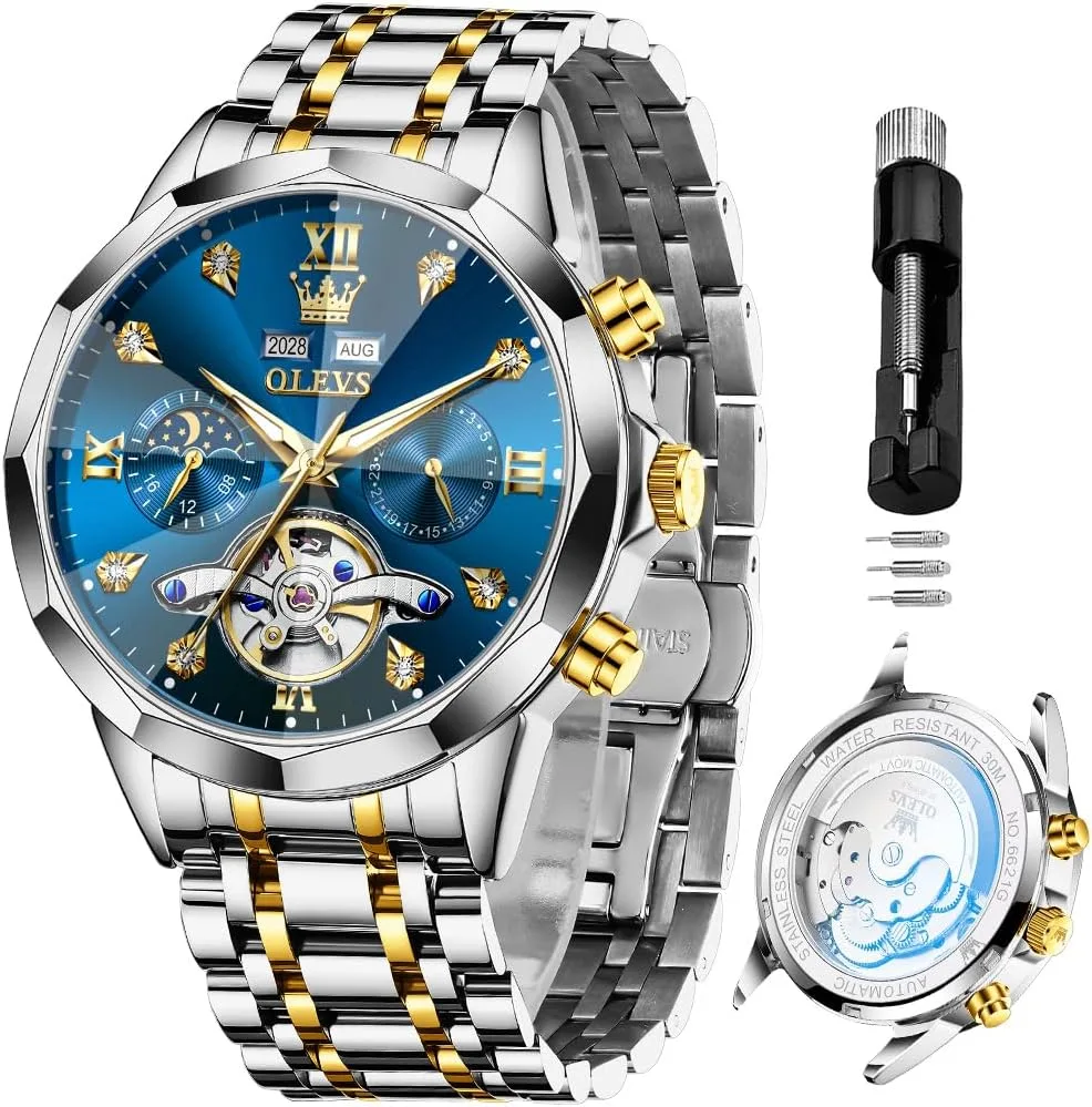 OLEVS Skeleton Men Watches Automatic Business Luxury Diamond Self Winding Watch for Men Stainless Steel Calendar Wrist Watch