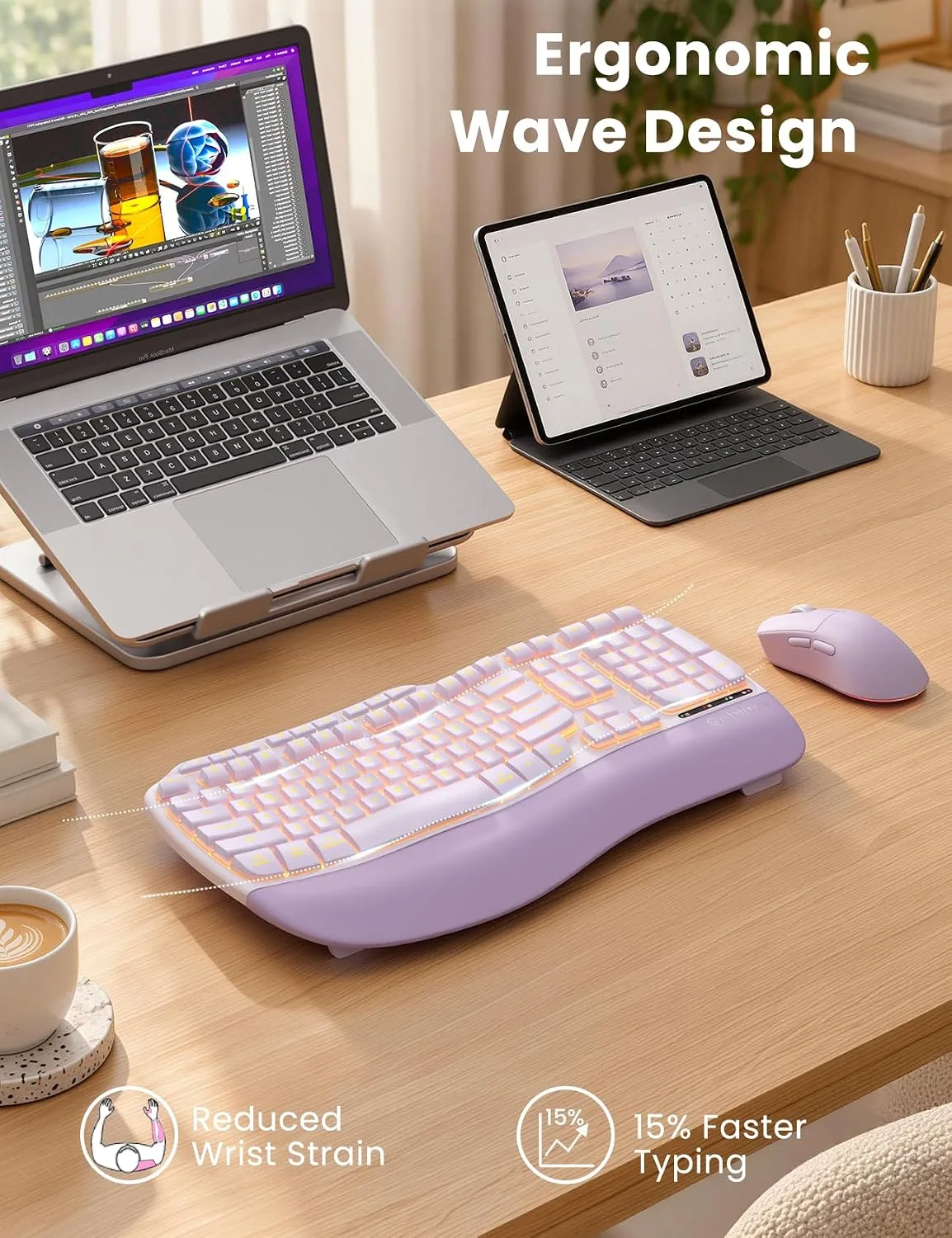 Purple Ergonomic Wireless Keyboard and Mouse Combo, Rechargeable 4000mAh Backlit Keyboard with Soft Faux Lambskin Palm Rest, Wave Keys for Natural Typing, Compatible with Windows/Mac/Chrome OS