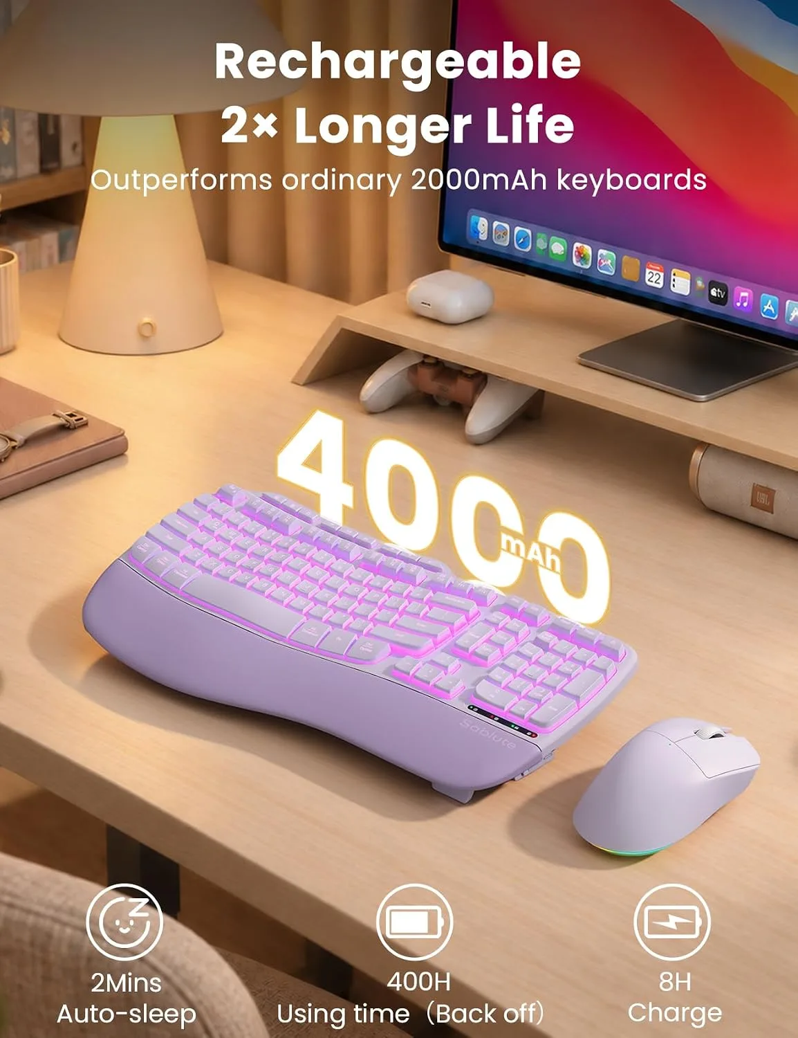 Purple Ergonomic Wireless Keyboard and Mouse Combo, Rechargeable 4000mAh Backlit Keyboard with Soft Faux Lambskin Palm Rest, Wave Keys for Natural Typing, Compatible with Windows/Mac/Chrome OS