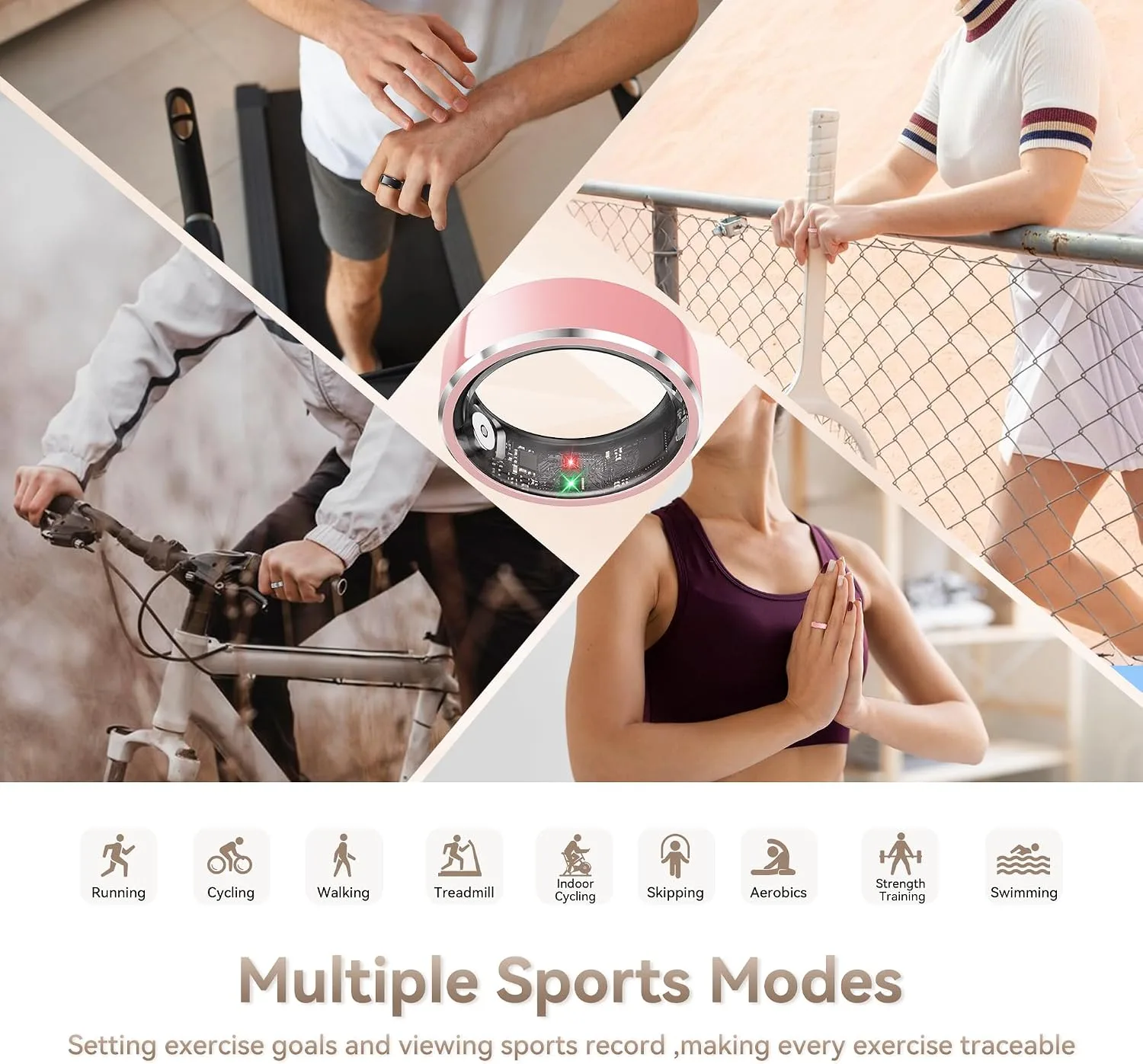 Smart Ring for Women, Fitness & Activity Tracker with Blood Pressure/Heart Rate Monitor, Sleep Tracker, Step Counter, IP68 Waterproof Ring for iOS & Android, Fast Charge, No Subscription (Pink,Size8)