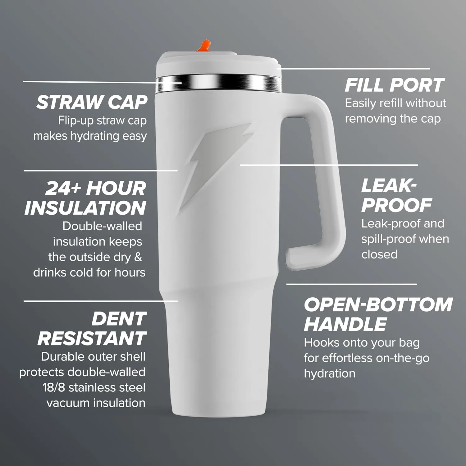 Gatorade Crossover Stainless Steel Tumbler Water Bottle, White, Double-Wall Insulation, 36 fl oz