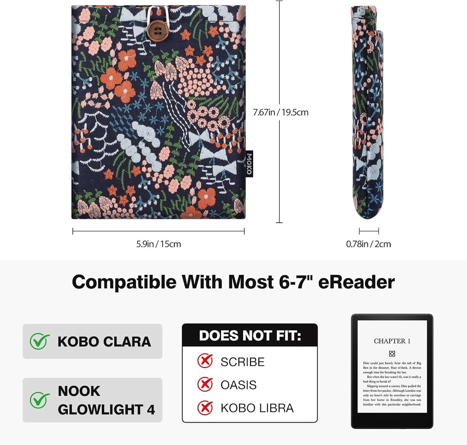 MoKo 6-7 Inch Embroidered Daisy Padded E-Reader Sleeve Zippered Bag with Back Pouch for Most 6/6.8/7 inch E-Reader, 6" Nook Glowligt 4, 6" Kobo Clara BW/Clara Colour, Indigo Flower