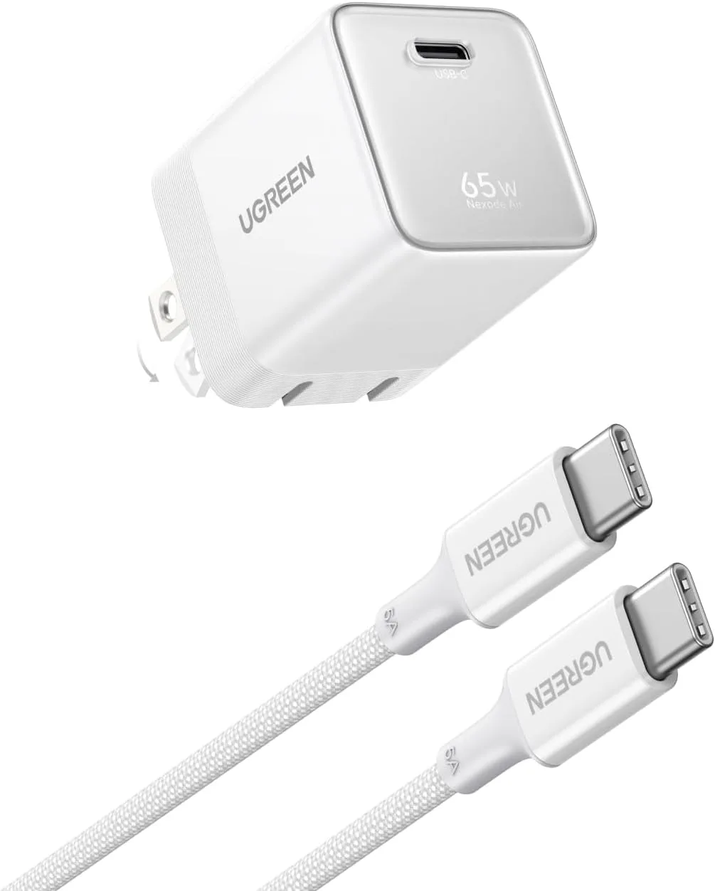 UGREEN Nexode Air 65W USB C GaN Charger Block with 3.3ft Cable, White