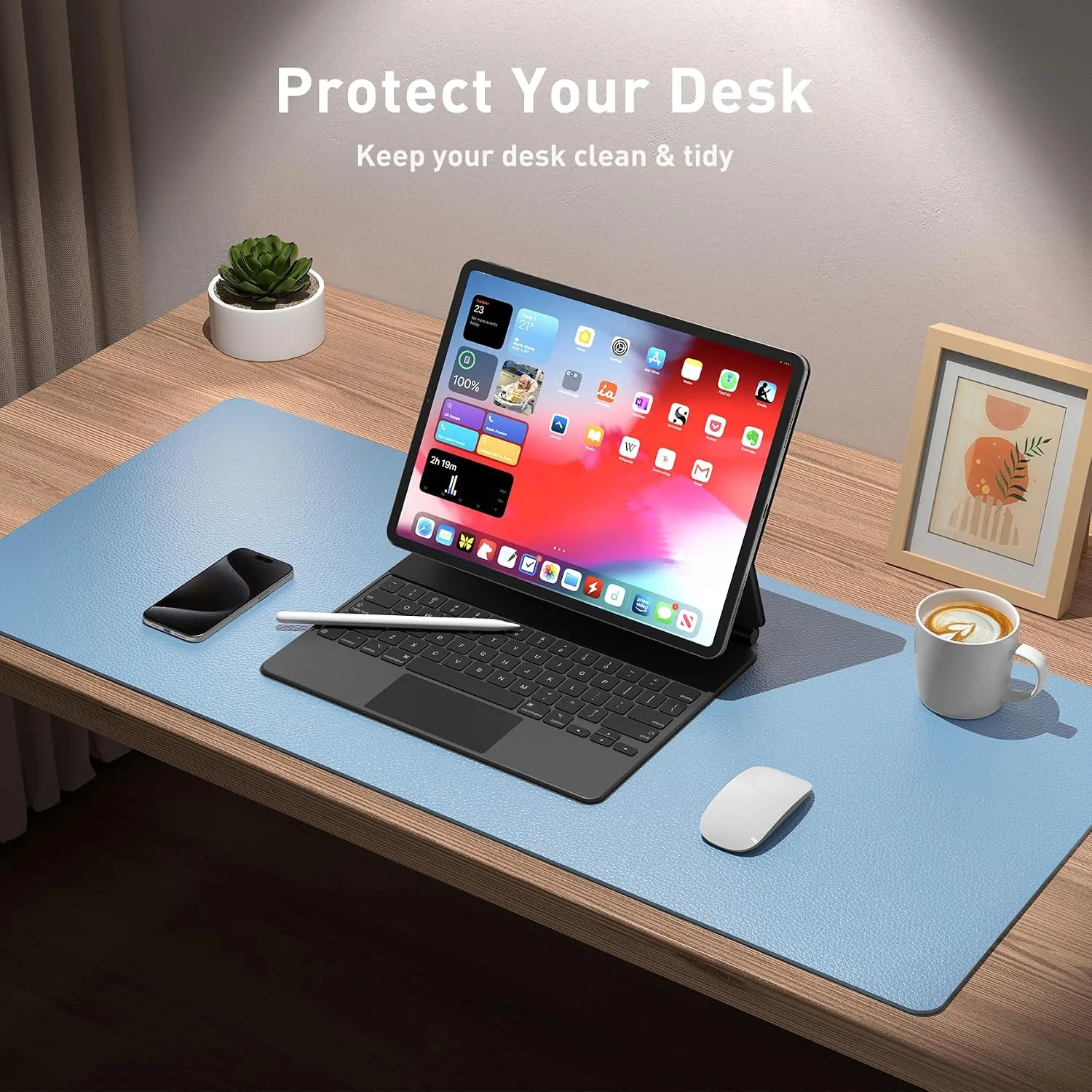 Aothia Faux Leather Desk Mat for Keyboard & Mouse (Sky Blue, 23.6" x 13.7")
