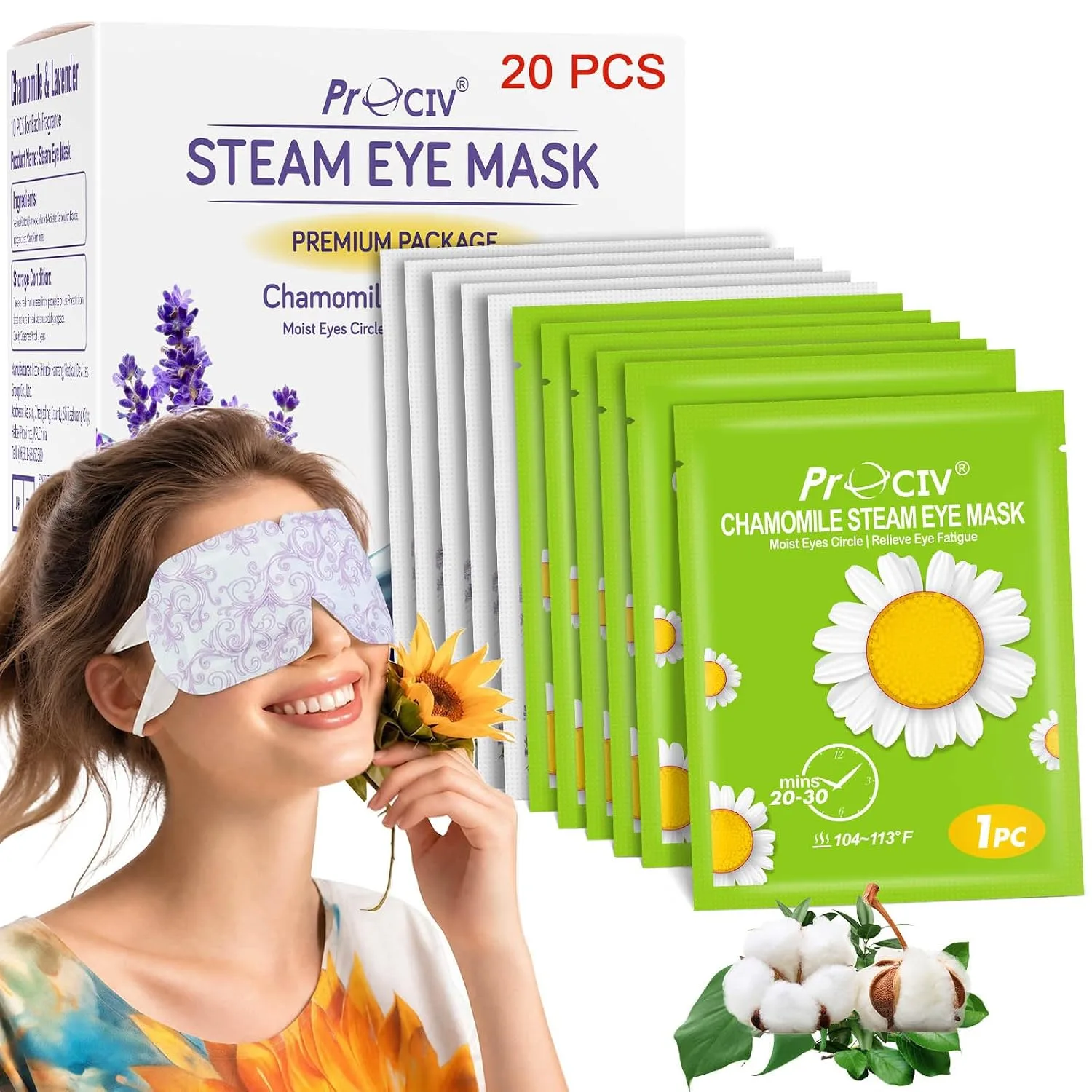ProCIV 20 Packs Steam Eye Masks, Warming Eye Masks for Dark Circles, Disposable Self-heating Hot Eye Mask Soothing Headache, Dry Eyes, Heating Eye Mask for Stress Eye Fatigue Relief