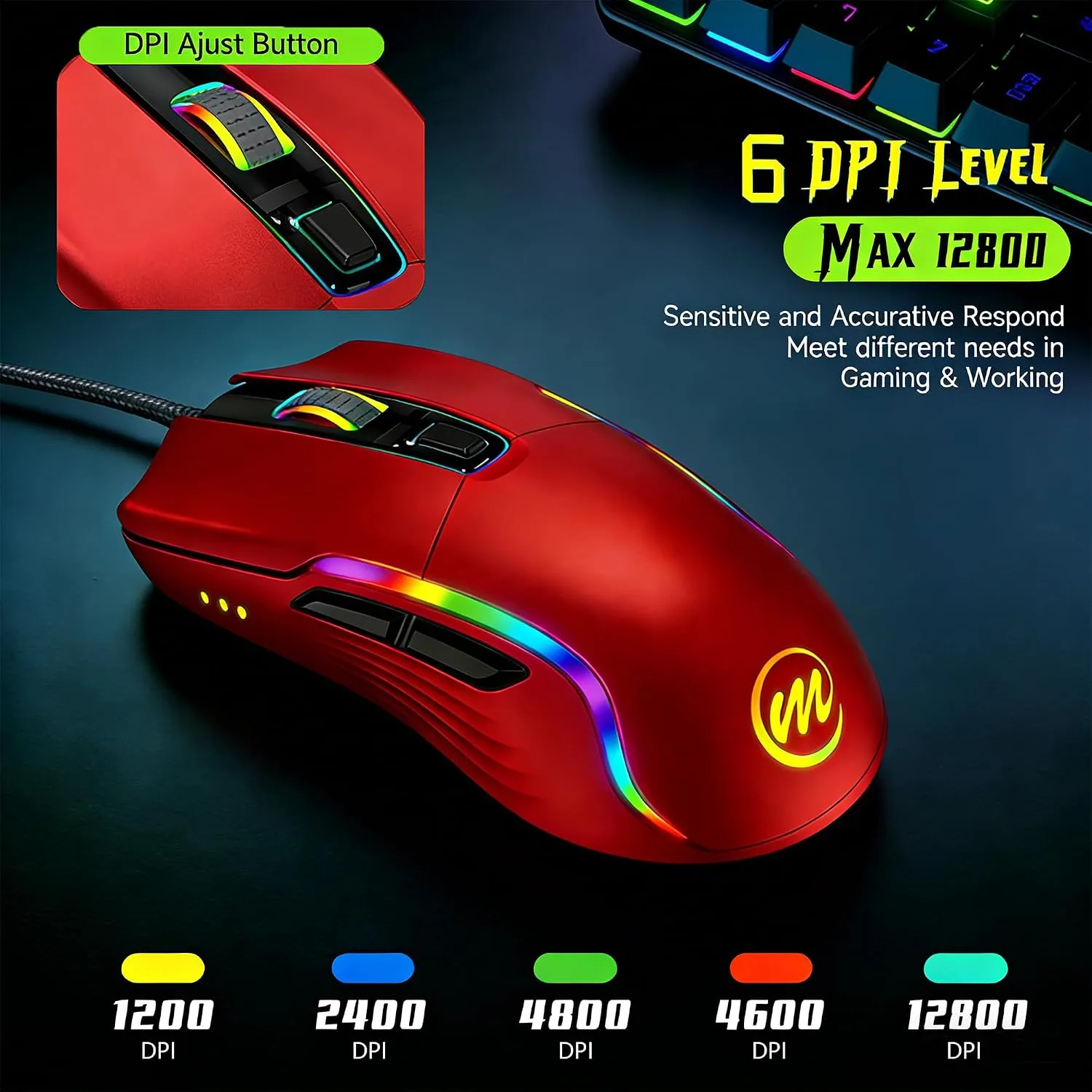 memzuoix Wired Gaming Mouse with RGB - 6 Adjustable DPI up to 12800, 6 Buttons, 12 Lighting Modes, Ergonomic Design with Anti-Slip Rubber Wheel, 5.6ft Braided Cable for PC/Mac/Windows - Red