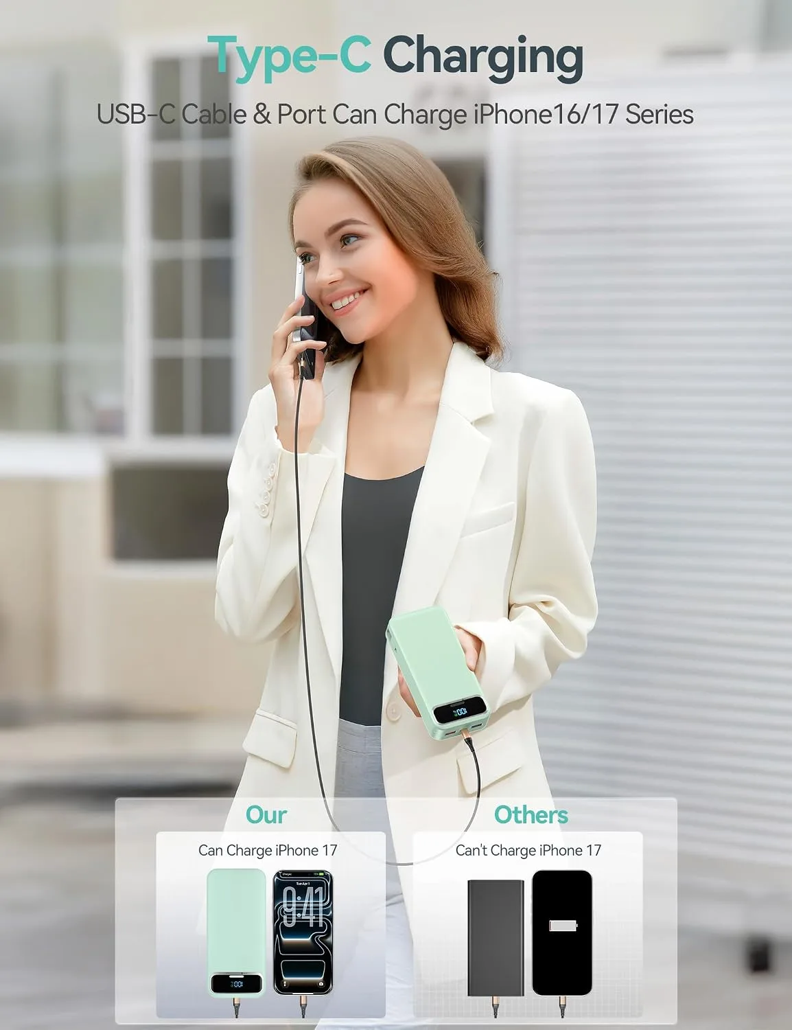 aonidi Portable Charger 20000mAh with Built-in Cables&AC Wall Plug, Green