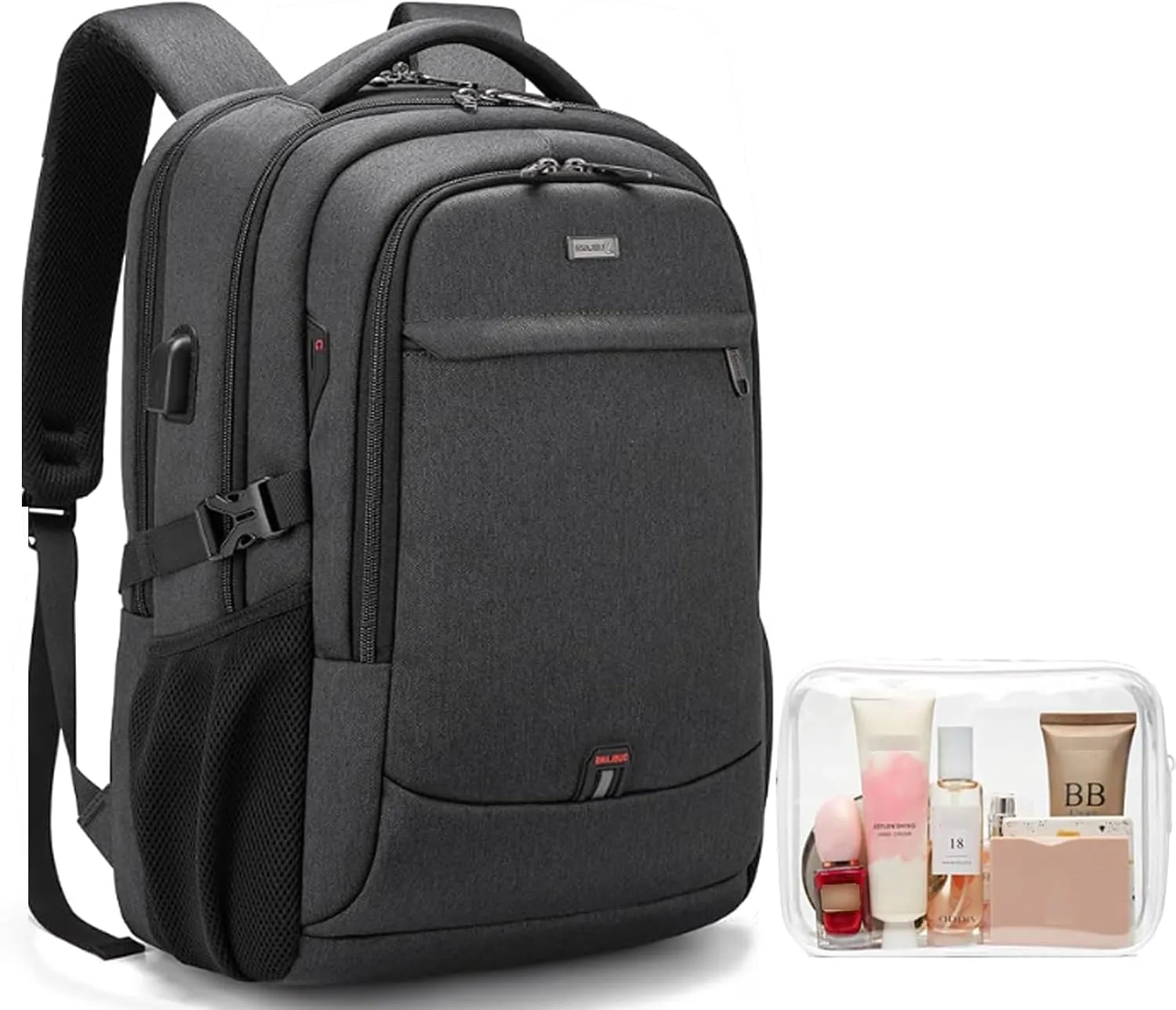 DUSLANG 17 Inch Laptop Backpack for Travel Water Resistant College Backpack for Men/Women Laptop Bag with USB Charging Port and clear Cosmetic Toiletry Bag, Black