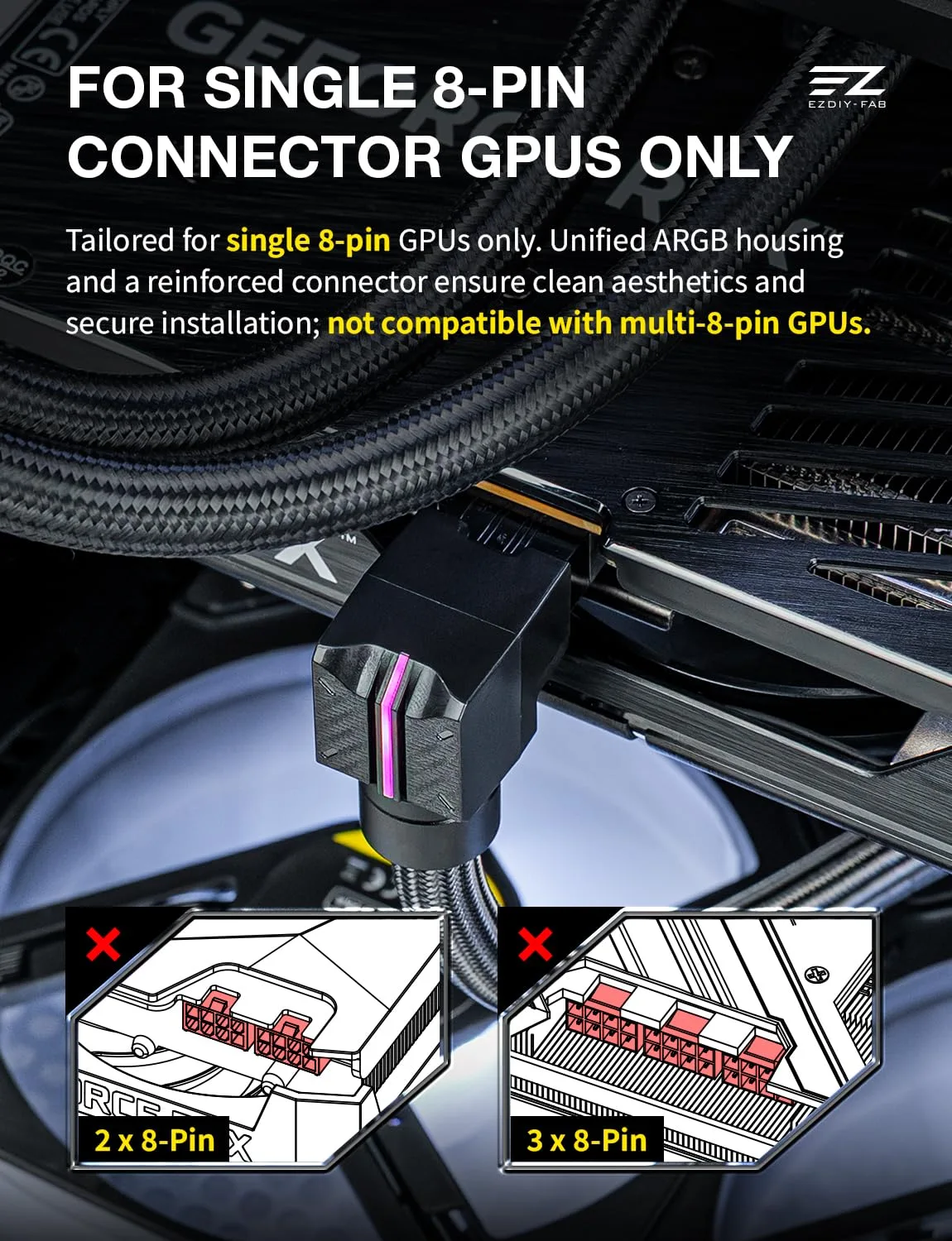 EZDIY-FAB UNIFAS ARGB 8-Pin GPU Extension Cable, Right Angle, Black, RVS