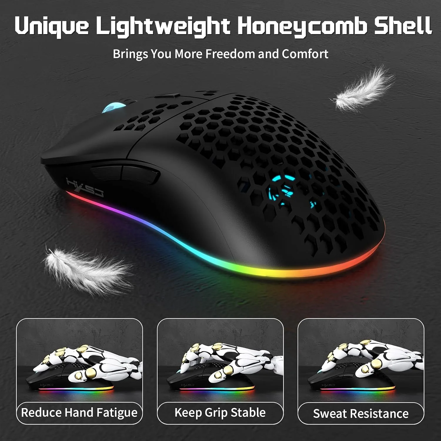 HXSJ T66 Tri-Mode Wireless Gaming Mouse Superlight Honeycomb - Black