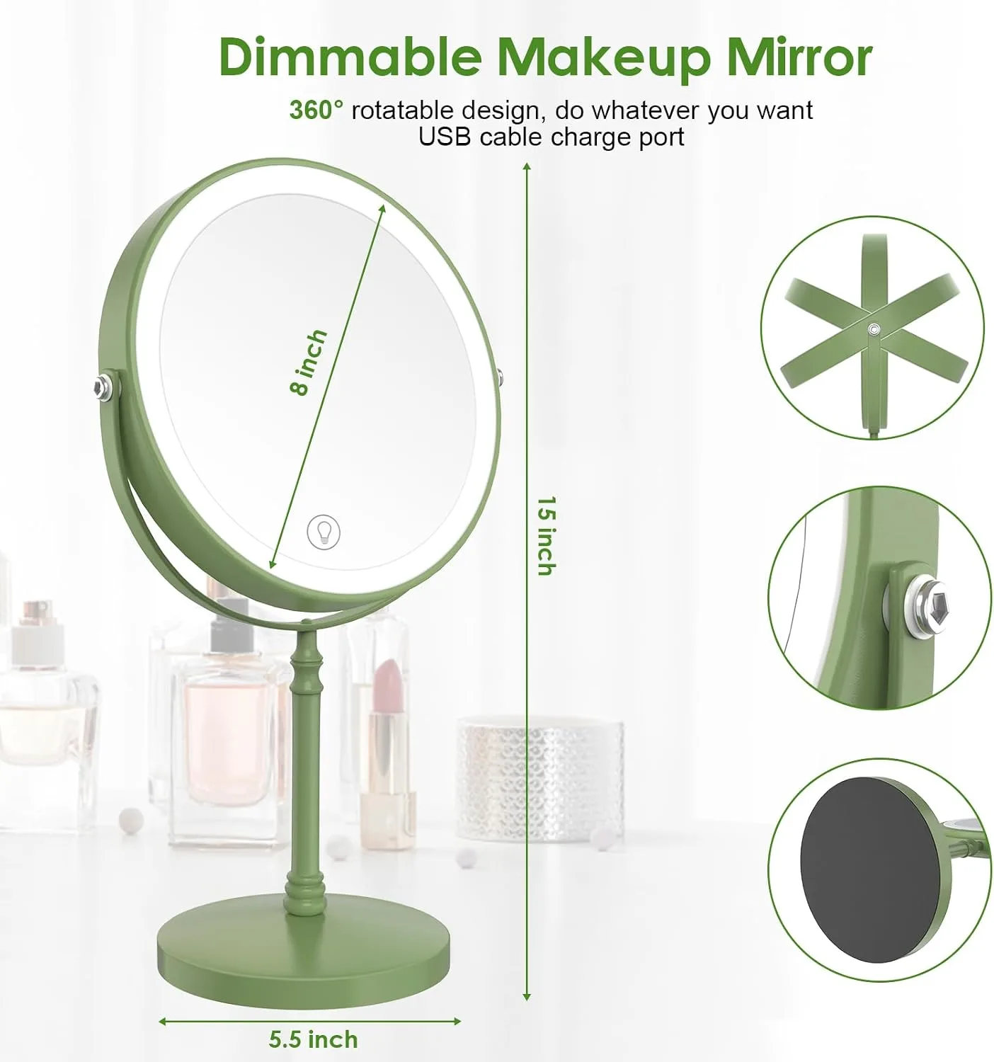 DEIOVWXS Makeup Mirror, Rechargeable Vanity Mirror with 3 Lights, 1X/10X