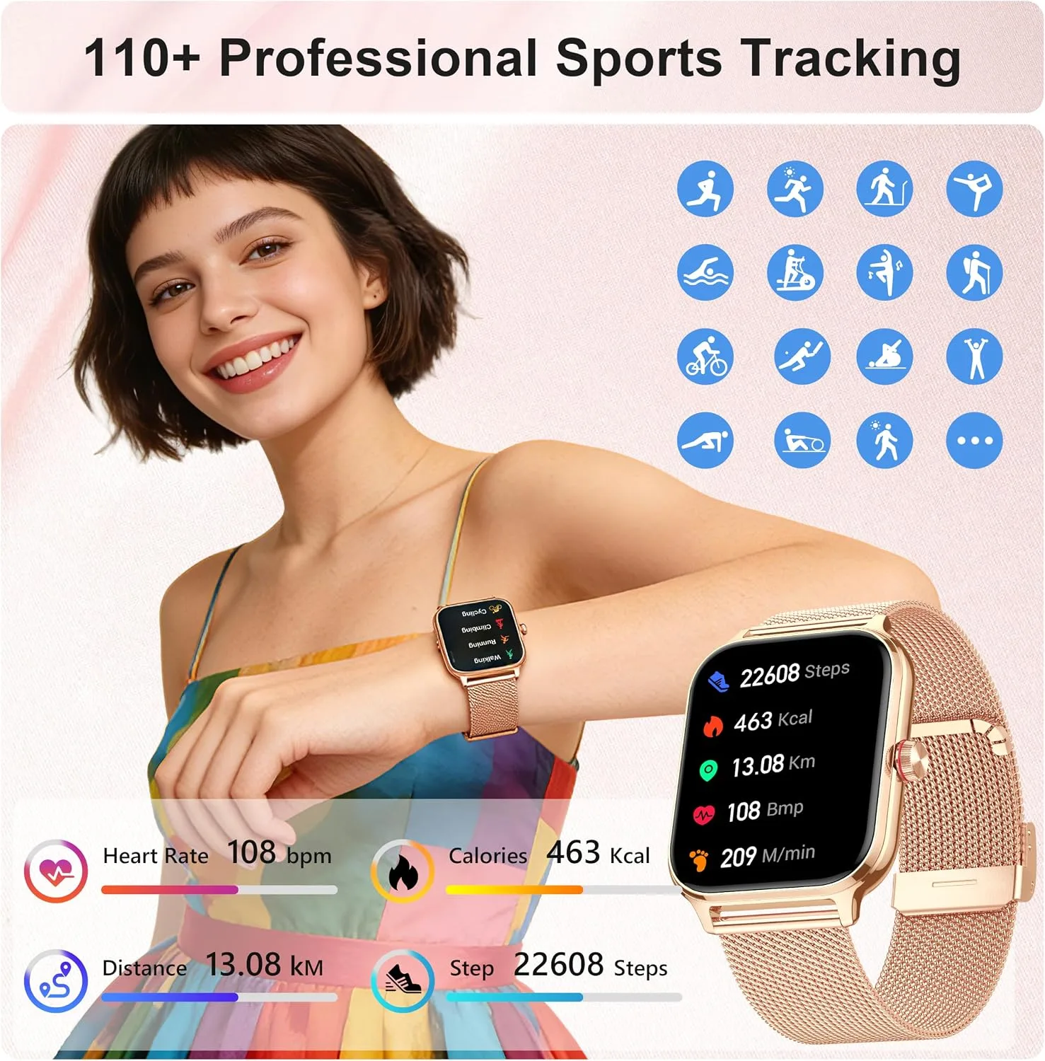 Smart Watch Women Men, Answer/Make Call, 1.96'' Fitness Tracker with Blood Pressure, HR, Sleep Monitor, 110+ Sport Modes Reloj Inteligente para Mujer Smartwatch Compatible with iPhone/Samsung/Android