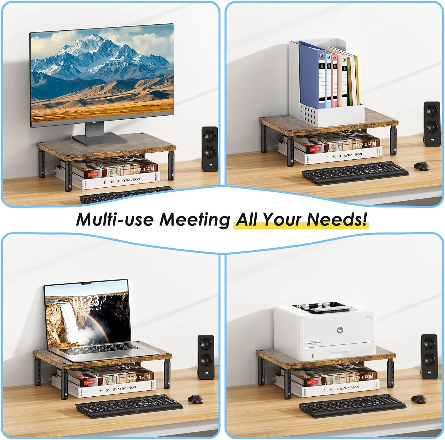ECOLOVI Adjustable Wood Computer Monitor Stand Riser, Office Desk Organizer and Accessories for Monitor, Laptop, PC, Printer, Office Desk Accessories Workspace Organizer for Home Office Supplies, Brown