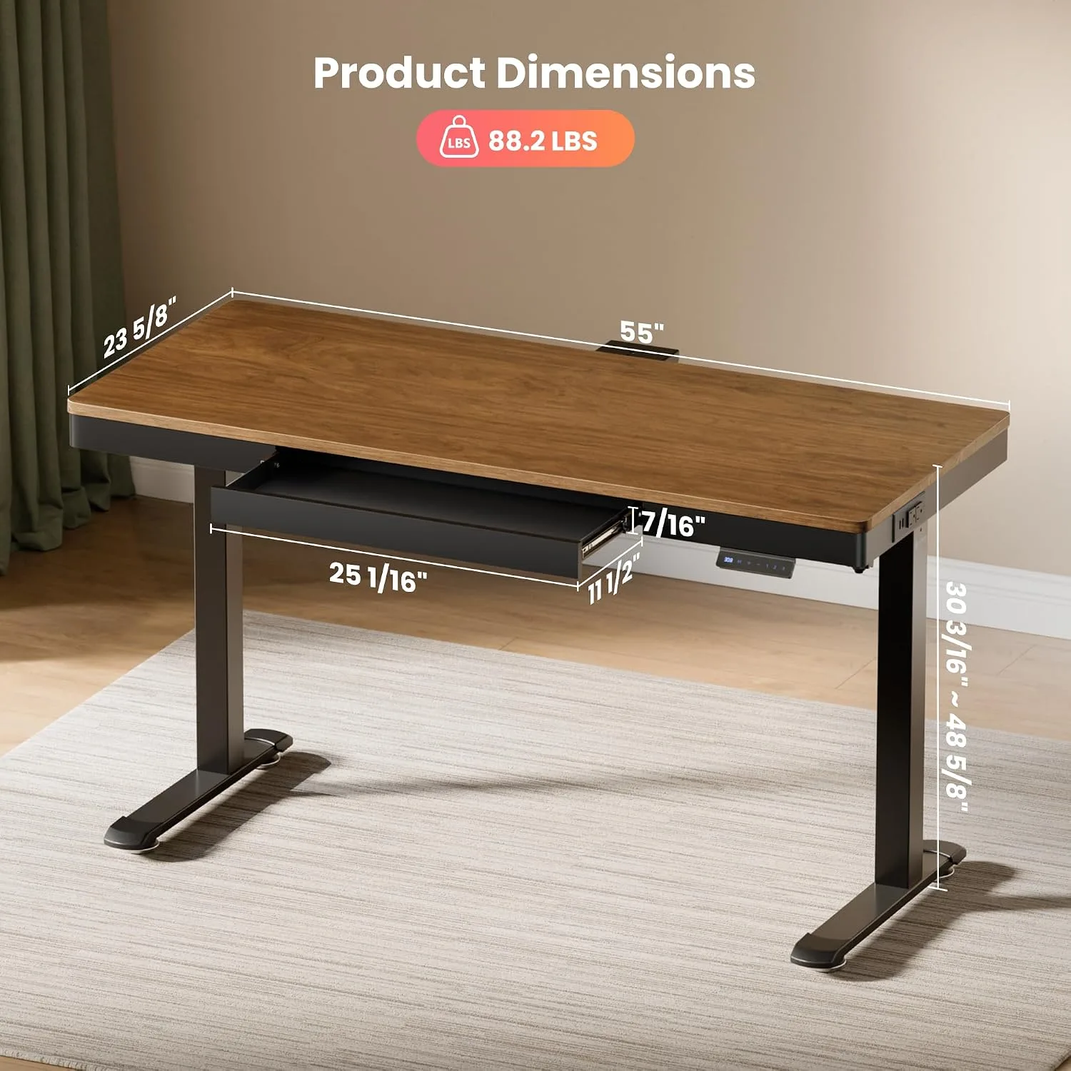 EUREKA ERGONOMIC Electric Standing Desk with Drawer, 55 Inch, Walnut Finish