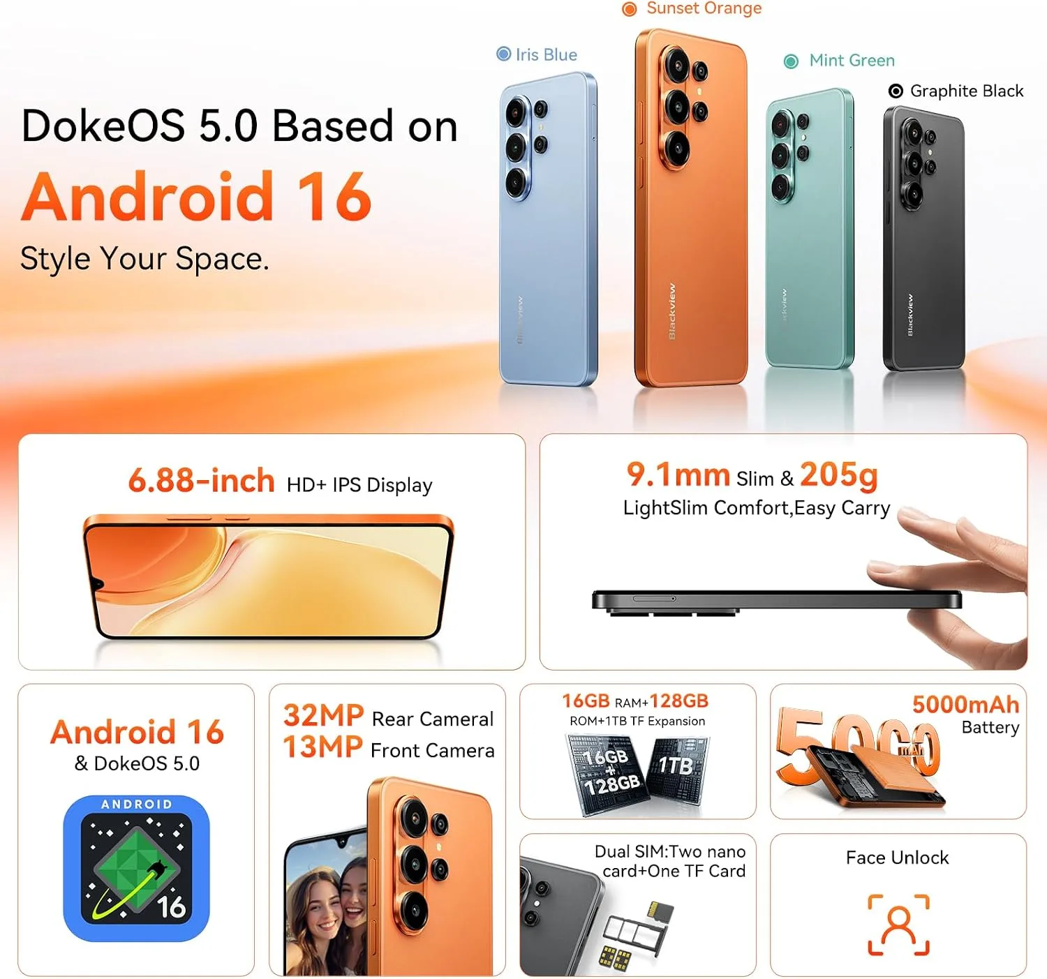Blackview Wave 10C Android Phone Unlocked 6.88" Large Screen, Android 16 Unlocked Smartphones 16(4+12) GB+128GB/1TB, 32MP+13MP, Dual SIM/Face ID/GPS/OTG, Only for T-Mobile, Black