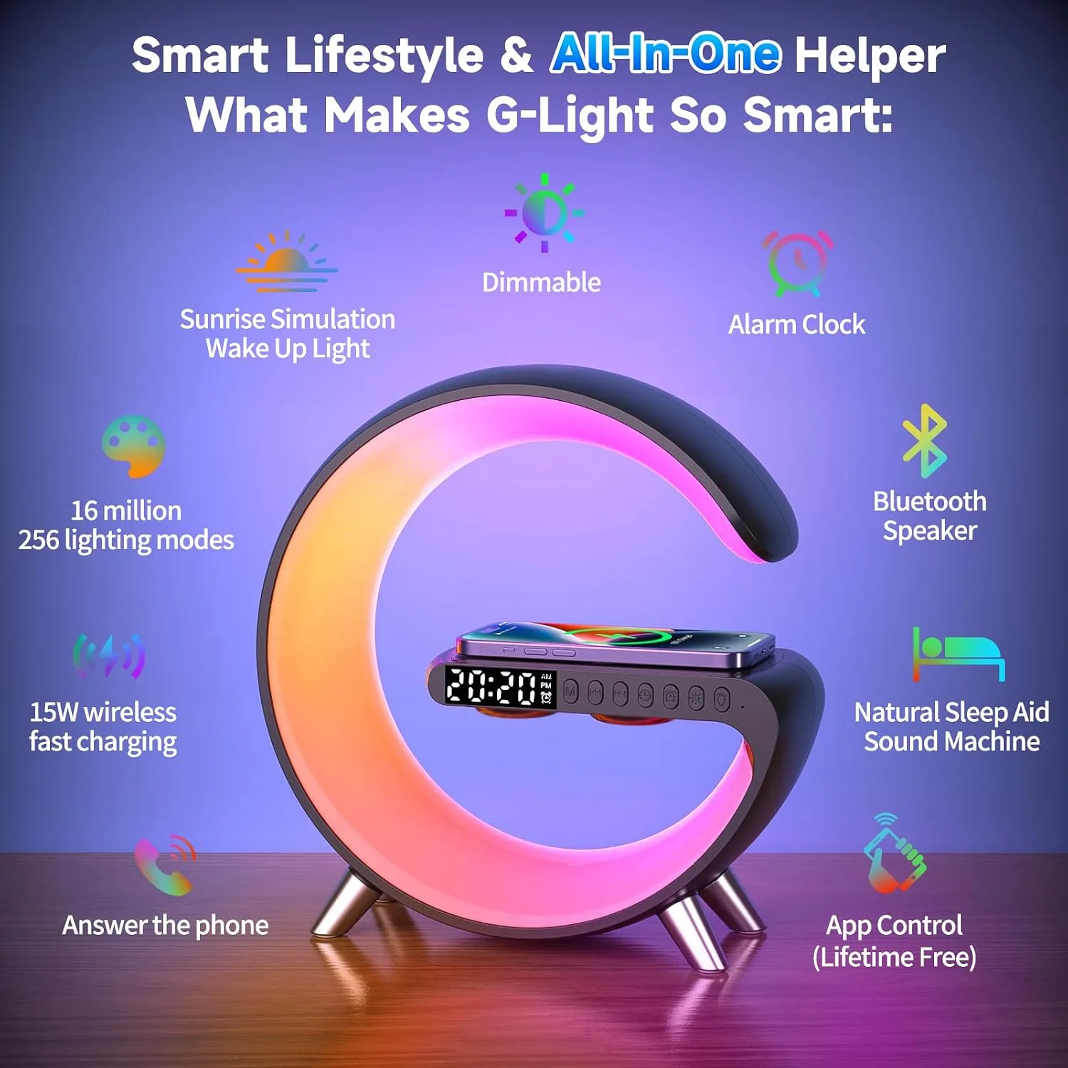 Smart LED Table Lamp, 4 in 1 RGB Night Light, Alarm Clock, Wireless Charger, Bluetooth Speaker with App Control, G-Shape Bedside Atmosphere Lamp for Bedroom Office Home Decor, Teen Girls Boys Gifts