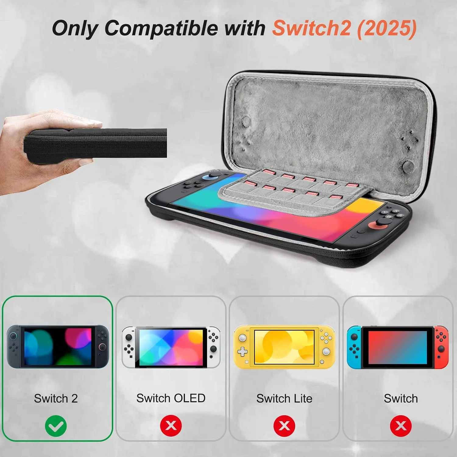 Cute Travel Carrying Case for Switch 2 2025 with Silicone j-con Covers, Thumb Grip Caps, Screen Protector, Love Heart Strap and Embroidery stickers for Girls Women, Black