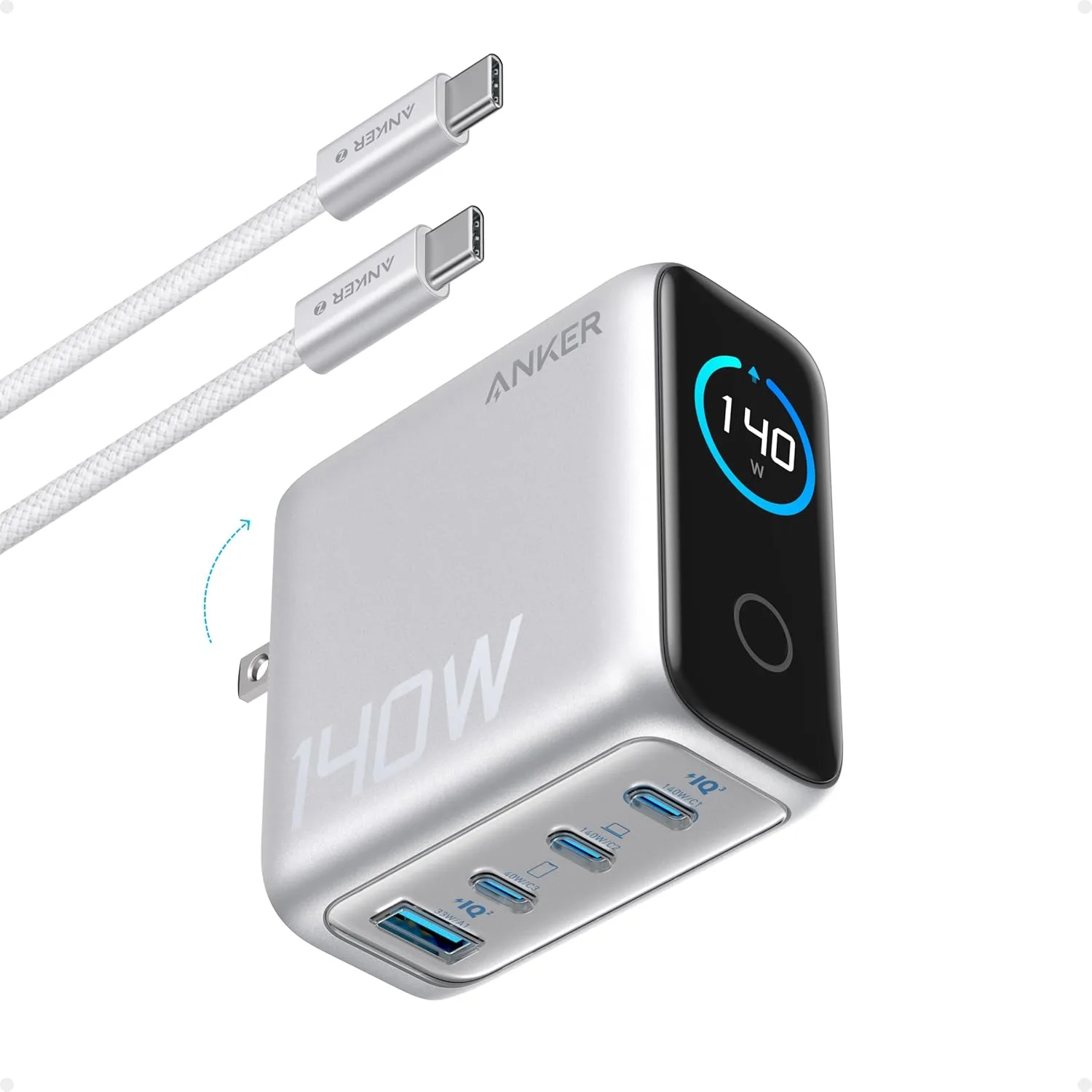 Anker 140W Max 4-Port GaN Charging Blocks,Smart Display for MacBook Charger