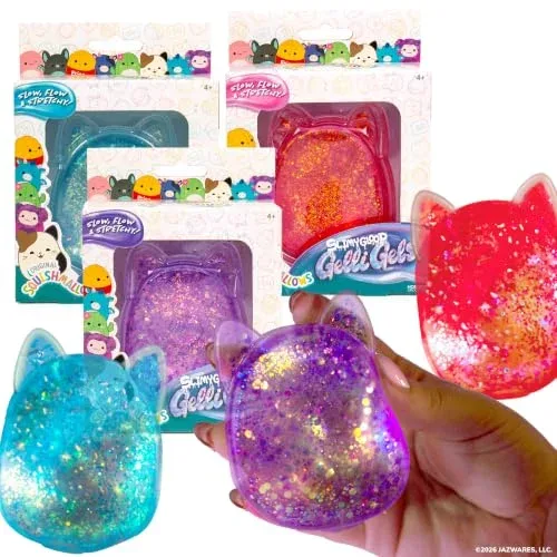 Squishmallows SLIMYGLOOP Gelli Gels 3 Pack, Slow-Flow Glitter Squishy Sensory Toy, Squeeze Stress Toy for Kids & Teens,