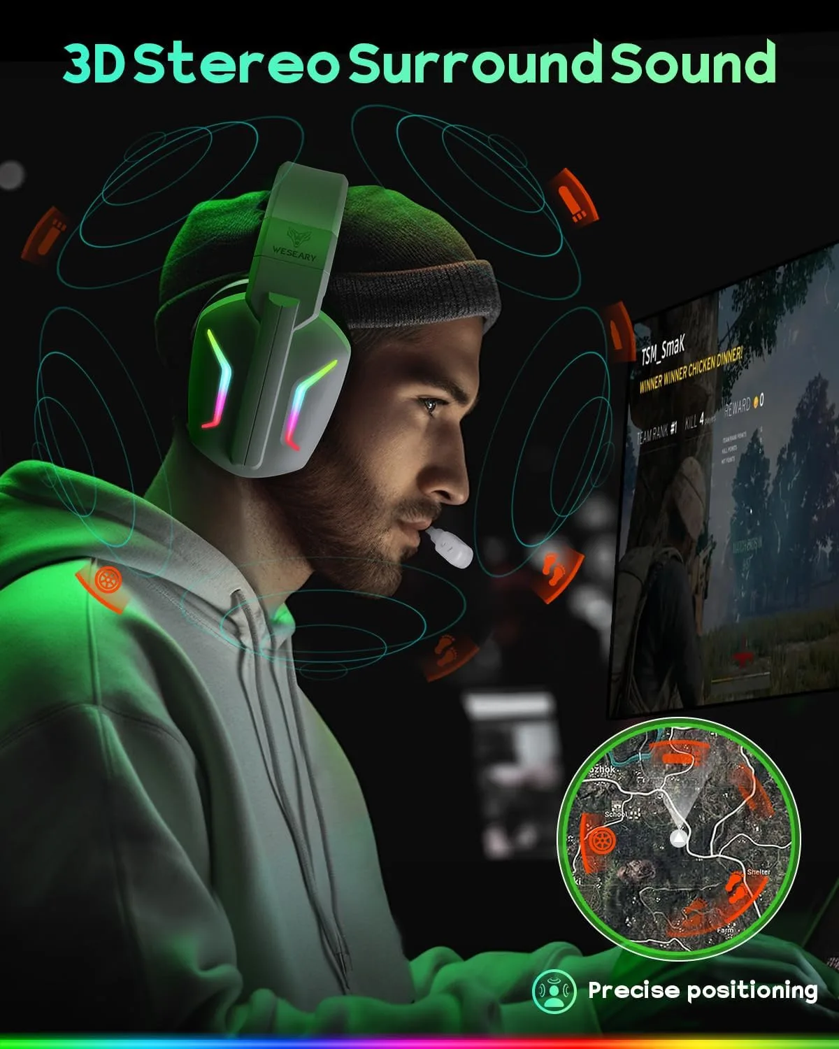 WESEARY Wireless Gaming Headset with Mic for Ps5, Ps4, PC| 3D Spatial Audio