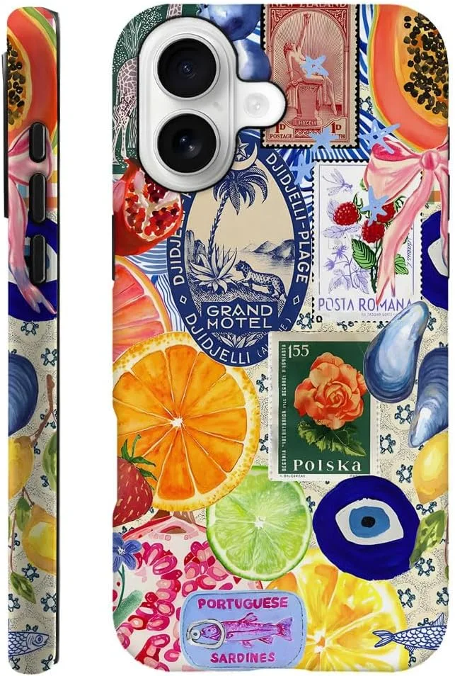 Case Compatible with iPhone 17,Fall Prevention Hybrid 2-Layer Hard Shell Phone Cover for Girls Boys,Bow European Summer Lemon Collage