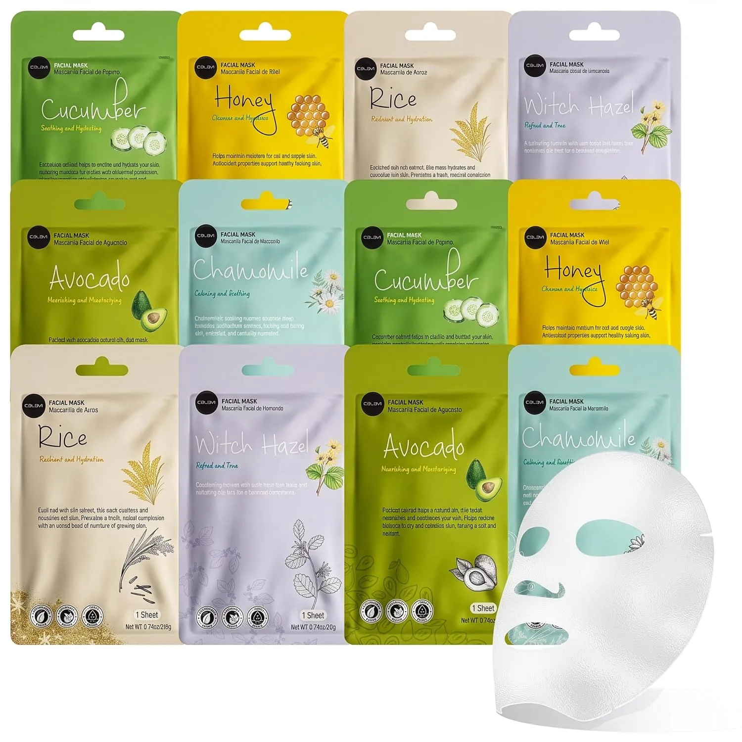 Celavi Korean Face Mask Sheet Set, Spa Masks, 12 Pack Avocado
