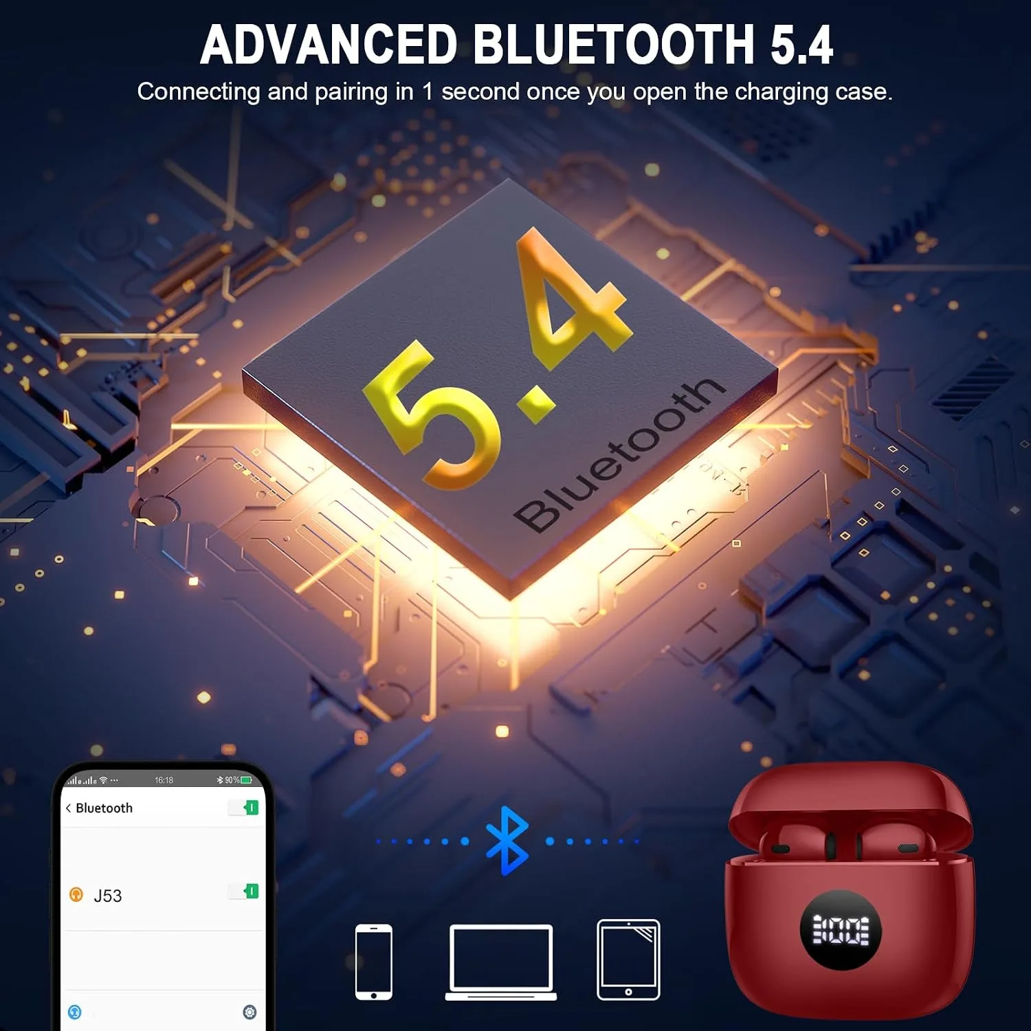 Jxrev Wireless Earbuds, Bluetooth Headphone 5.4, LED Power Display Ear Buds