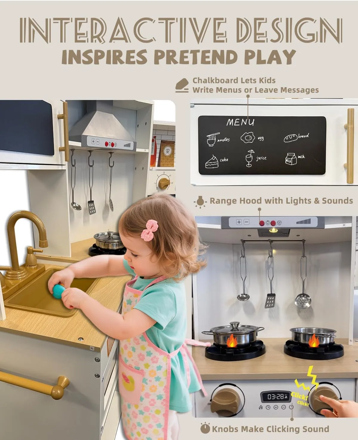YUG Heavy-Duty Wooden Play Kitchen Set with Real Lights & Sounds, Compliant Premium Corner Pretend Kitchen Toy Including Stove, Oven, Ice Maker, Range Hood, for Kids Ages 3+, ASTM CPSIA Compliant