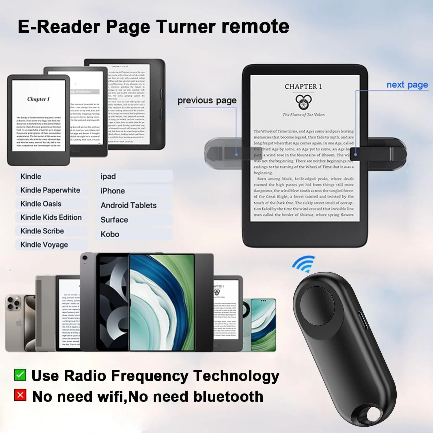 RF Remote Control Page Turner for Kindle Paperwhite Accessories Ipad Reading Kobo Surface Comics/Novels Tablets Android Taking Photos Camera Video Recording Triggers(Black)