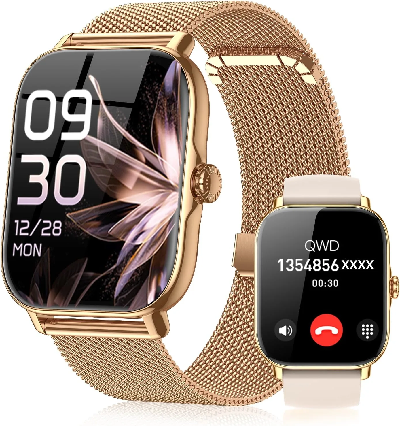 Smart Watch for Women Men- Answer/Make Call, IP68 Waterproof Fitness Tracker with Sleep Monitor,Smartwatch for Andriod iPhone Compatible (Warm Gold Case w/Champagne & Vintage Gold Band, 1.91)