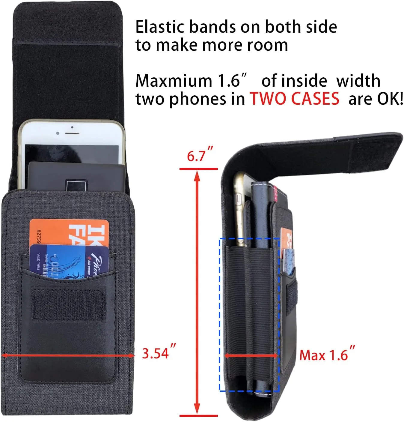 One Case Two Phones, Dual Phone Holster Pouch with Belt Clip, Hook and Loop Closure for iPhone 17 16 15 14 13 12 Pro Max, Moto G15,Edge 50,Galaxy Note 20 Ultra, S25 Ultra S24+A56-Black