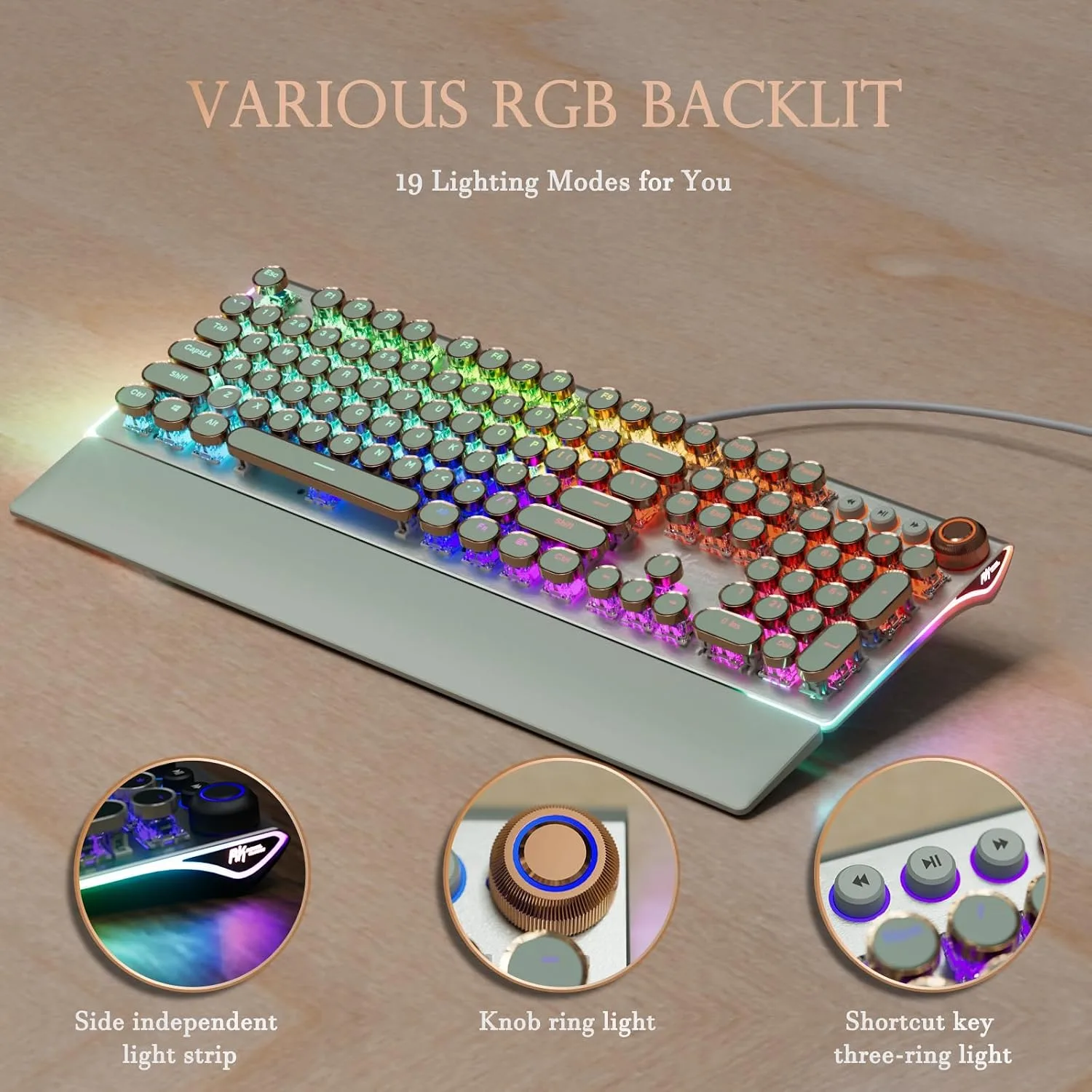 RK ROYAL KLUDGE X108 Typewriter Style Mechanical Keyboard, Wired Gaming Keyboard 108 Keys RGB Backlit Sidelight, Detachable Wrist Rest, Volume Knob, Retro Round Keycaps Blue Switches - Green