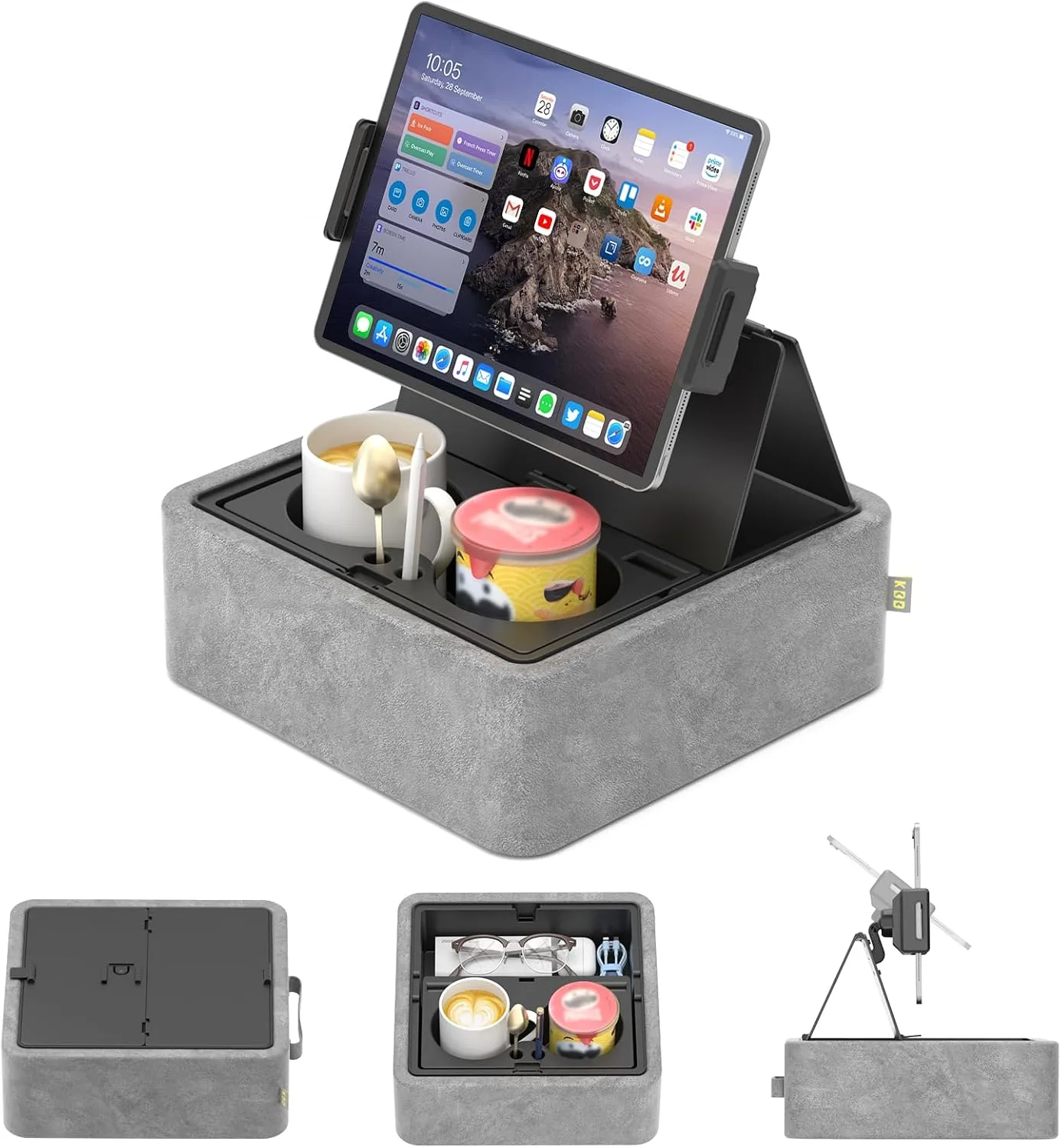KDD Tablet Pillow Stand, Adjustable iPad Holder for Bed, Lap and Desk with Two Cup Holder and Storage Tray, 360°Rotating Clip Soft Dock Compatible with iPad Pro 12.9, Air, Mini, Phone and E-Reader