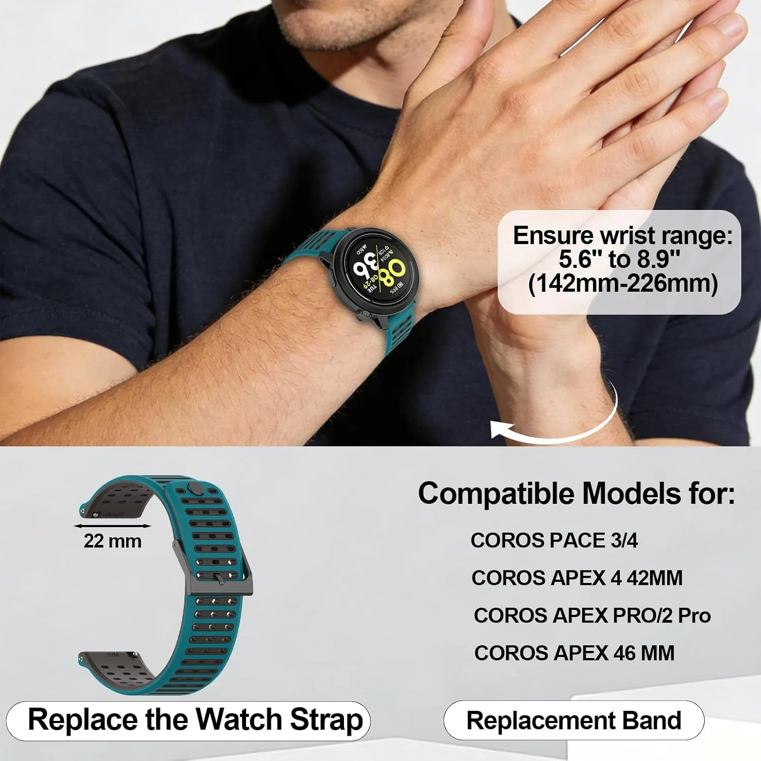Silicone Replacement Bands Compatible with COROS PACE 3/4/Pro, COROS APEX PRO/2 Pro/APEX 46 MM/4 42MM, Soft & Breathable Smartwatch Straps for Women and Men