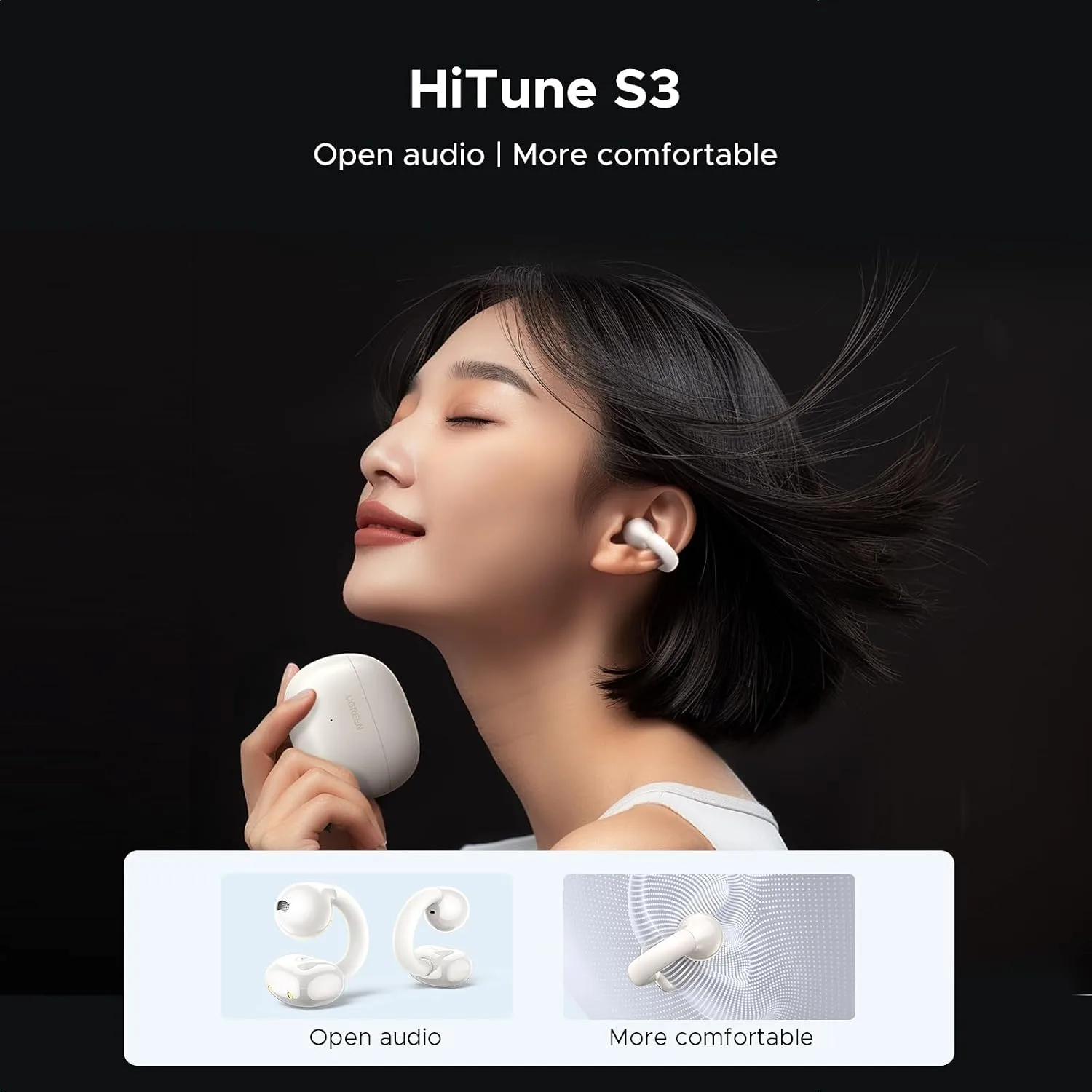 UGREEN HiTune S3 Open Ear Earbuds, Bluetooth 5.4, Clip on Earbuds, White