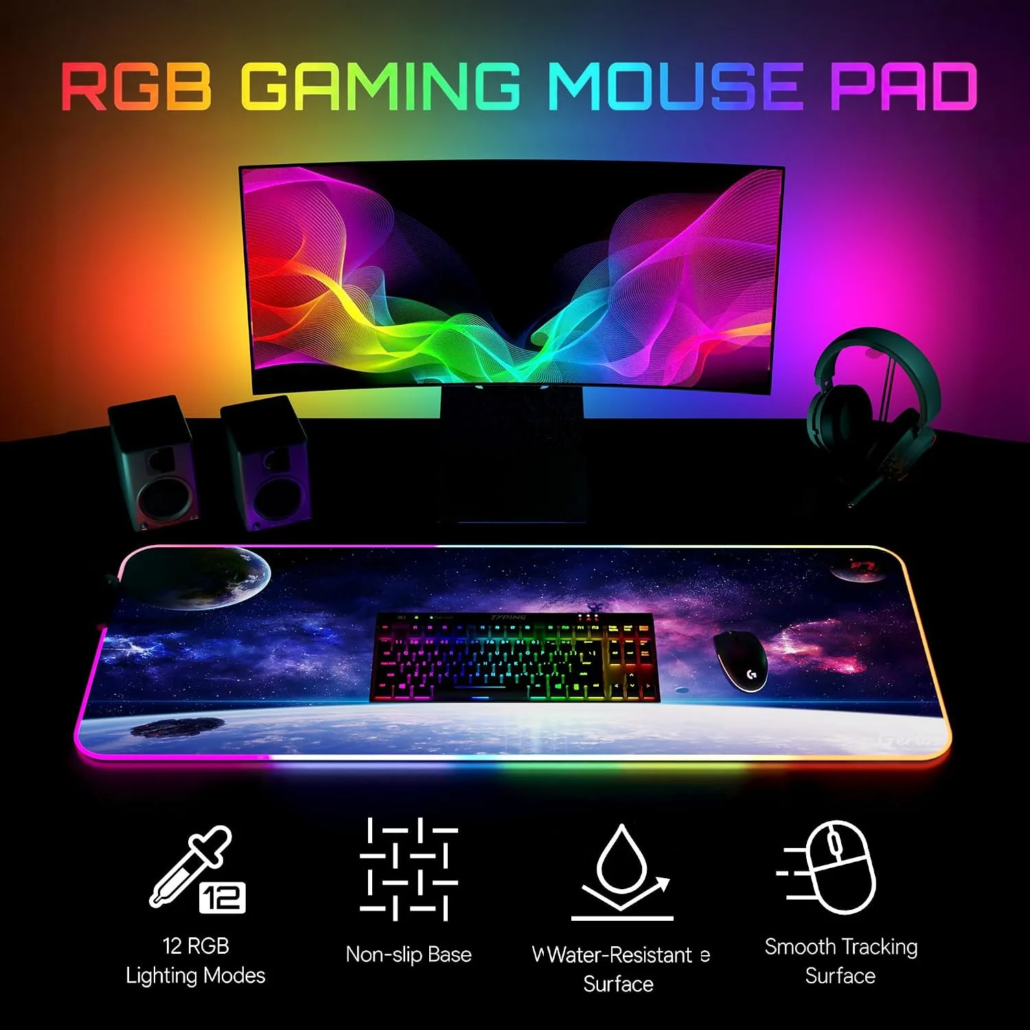Gerlos RGB Gaming Mouse Pad, Large LED Mouse Pad for Gamer, 31.5" x 11.8"