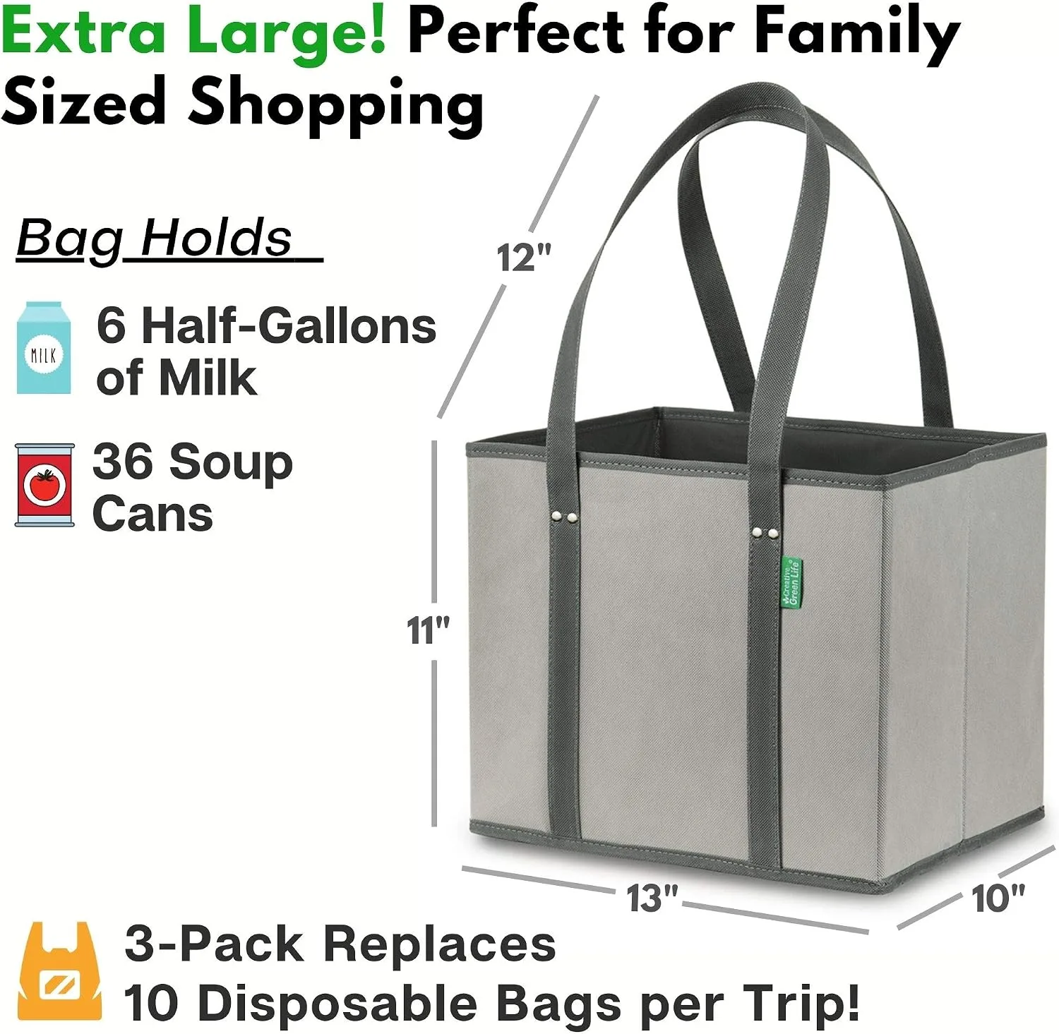 Reusable Grocery Bags (3 Pack) – Heavy Duty Shopping Bags, Gray
