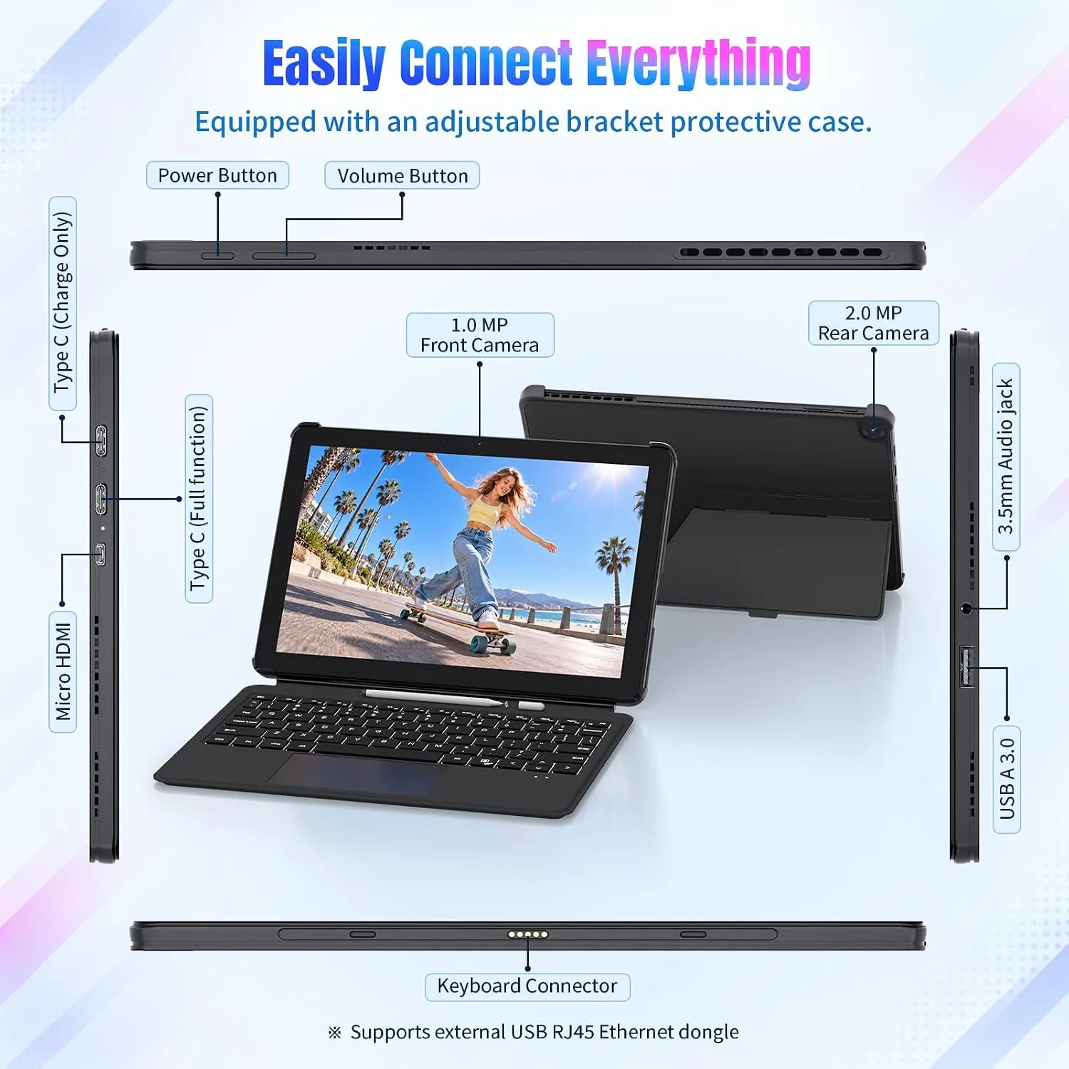 2 in 1 Laptop 10.1" Win11 Pro Tablet PC with Keyboard & Stylus Pen