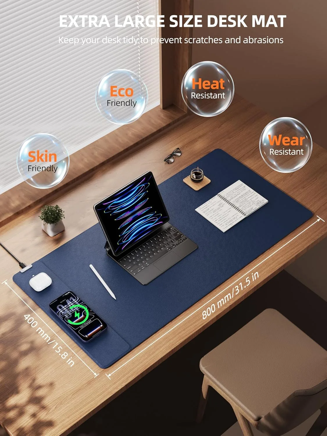 Mouse Pad with 15W Wireless Charging, XXL Large Leather Desk Mat, Blue