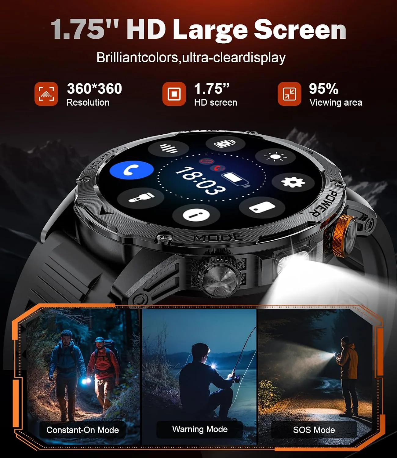 Smart Watch for Men with 1000mAh Battery/Flashlight, 1.75'' Military Smartwatch with 5ATM Waterproof/Heart Rate/Sleep Monitor,Answer Make Calls Fitness Tracker for Android iPhone Jet Black